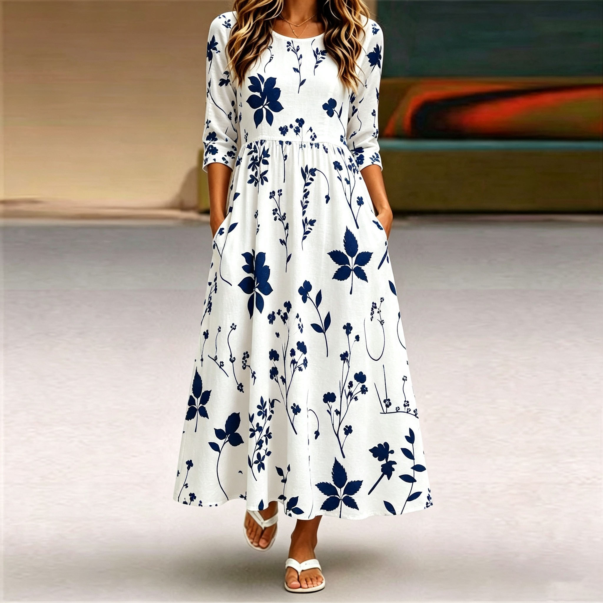 Women's Floral Midi Dress  Casual A Line Long Dress with Pockets Elegant Boho Summer Dress for Women-gemscharms