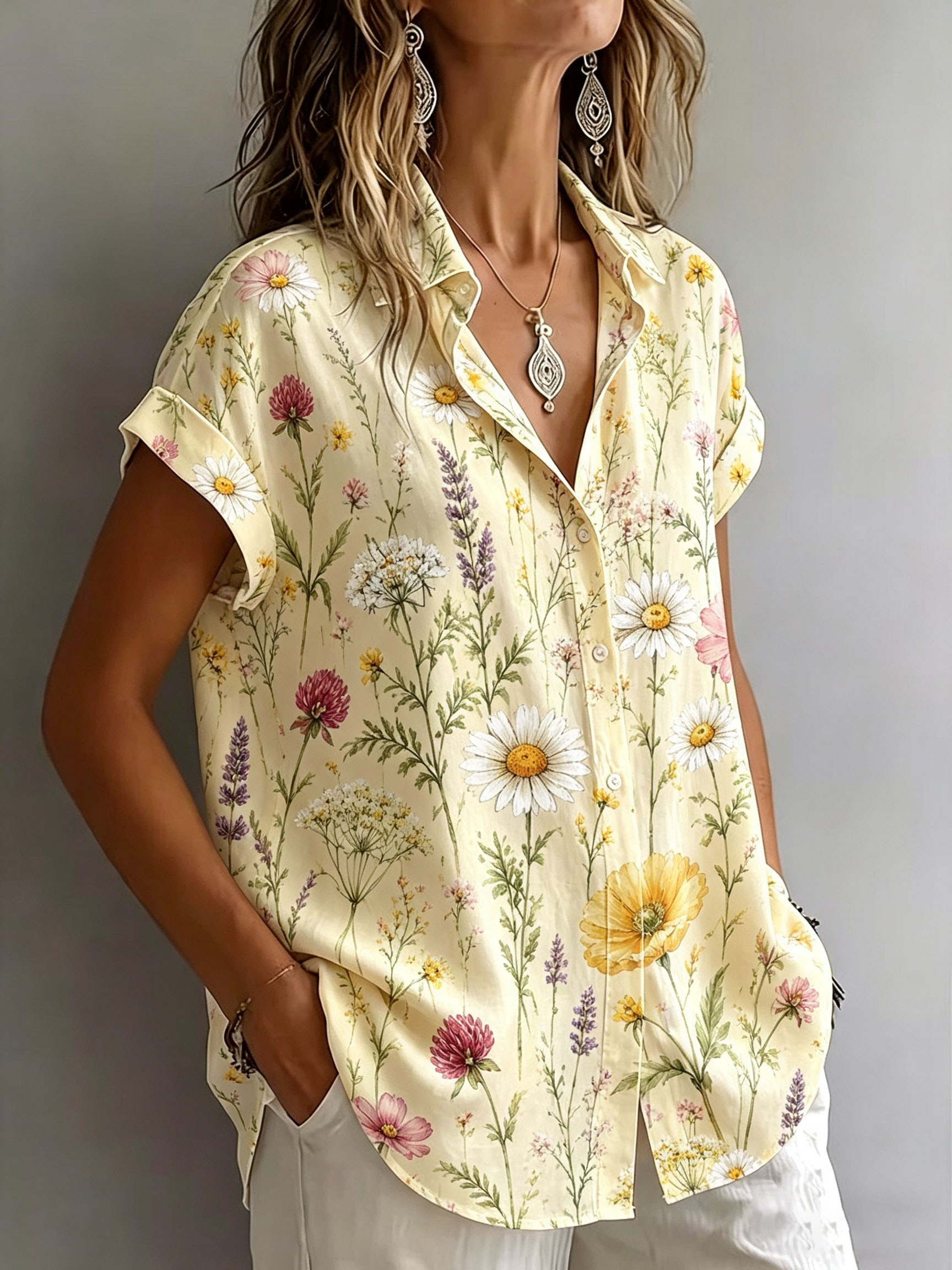 Women's Botanical Floral Print Button Down Shirt – Vintage Garden Short Sleeve Blouse with Lightweight Polyester Fabric