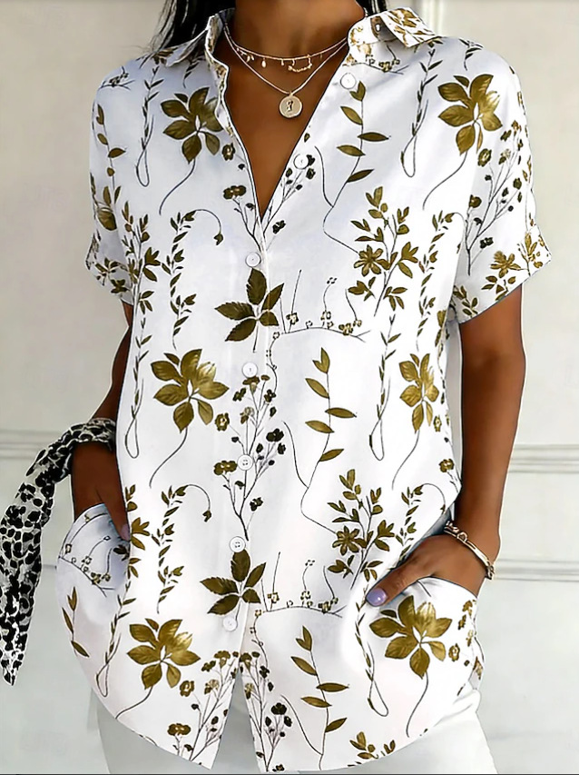 Women's Floral Print Button Down Shirt – Short Sleeve Casual Blouse with Collared Neck, Lightweight Loose Fit Summer Top