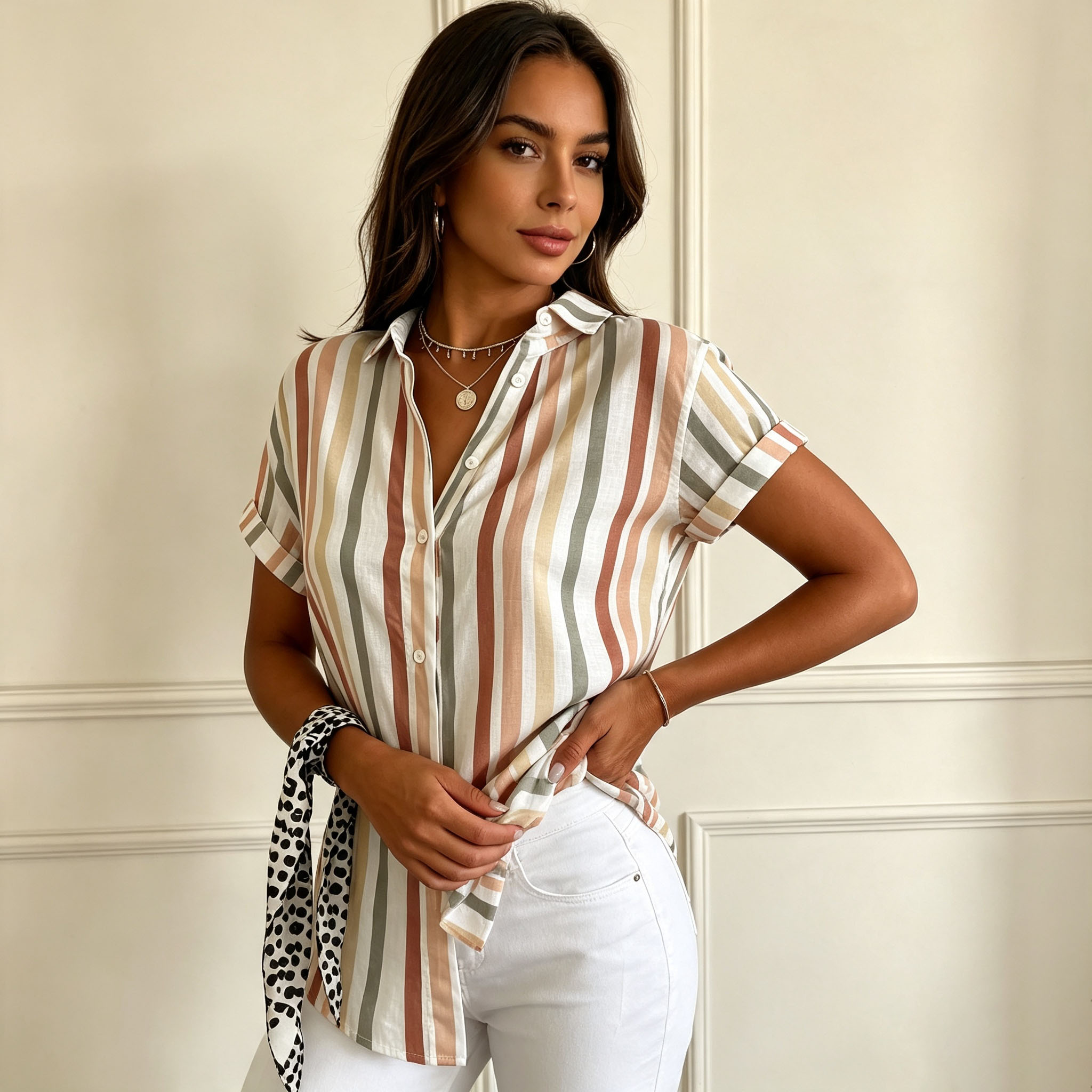 Women's Striped Button Down Shirt – Elegant Vertical Stripe Short Sleeve Blouse with Lightweight Polyester Fabric