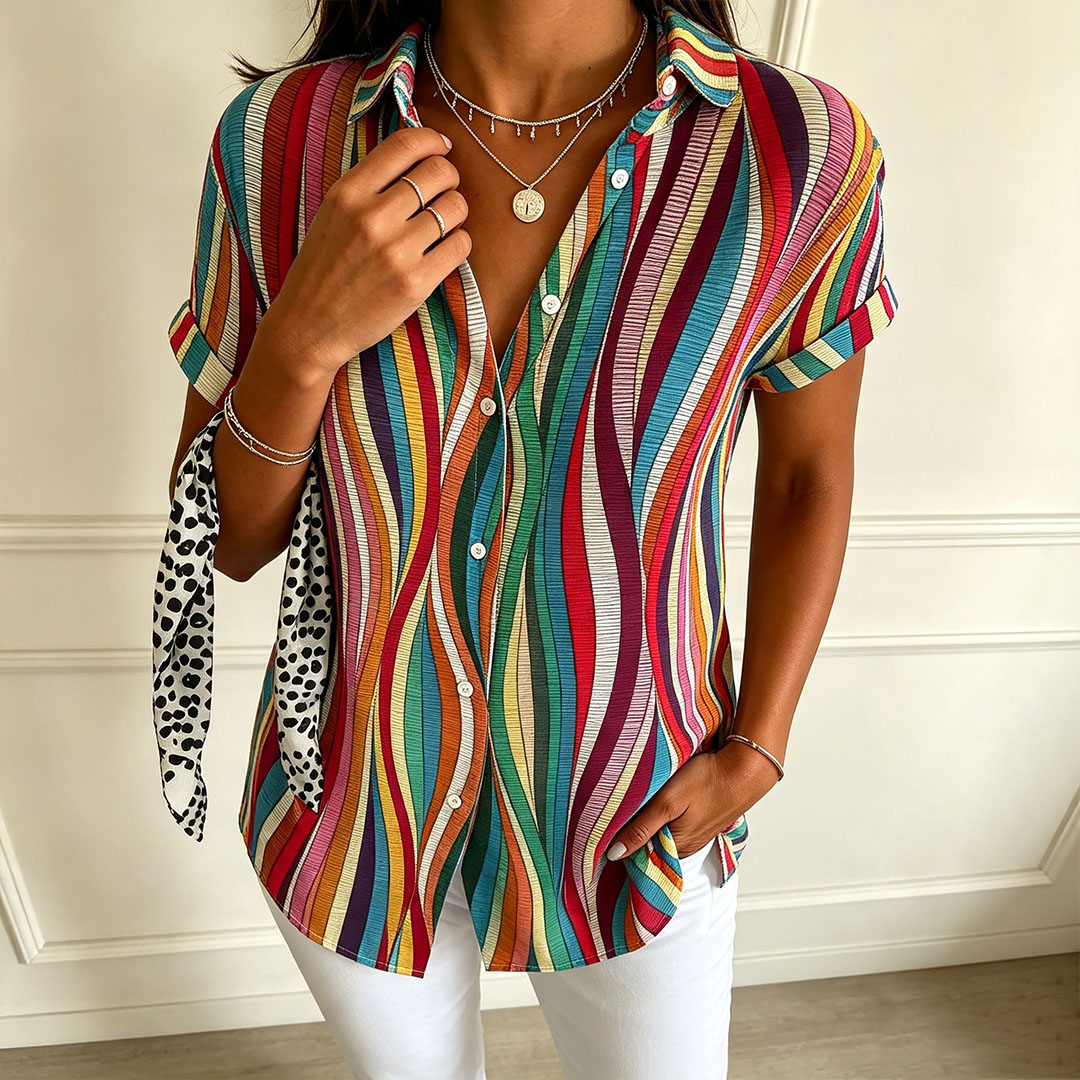Women’s Colorful Striped Button Down Shirt – Abstract Wave Print Short Sleeve Blouse, Casual Summer Vacation Top