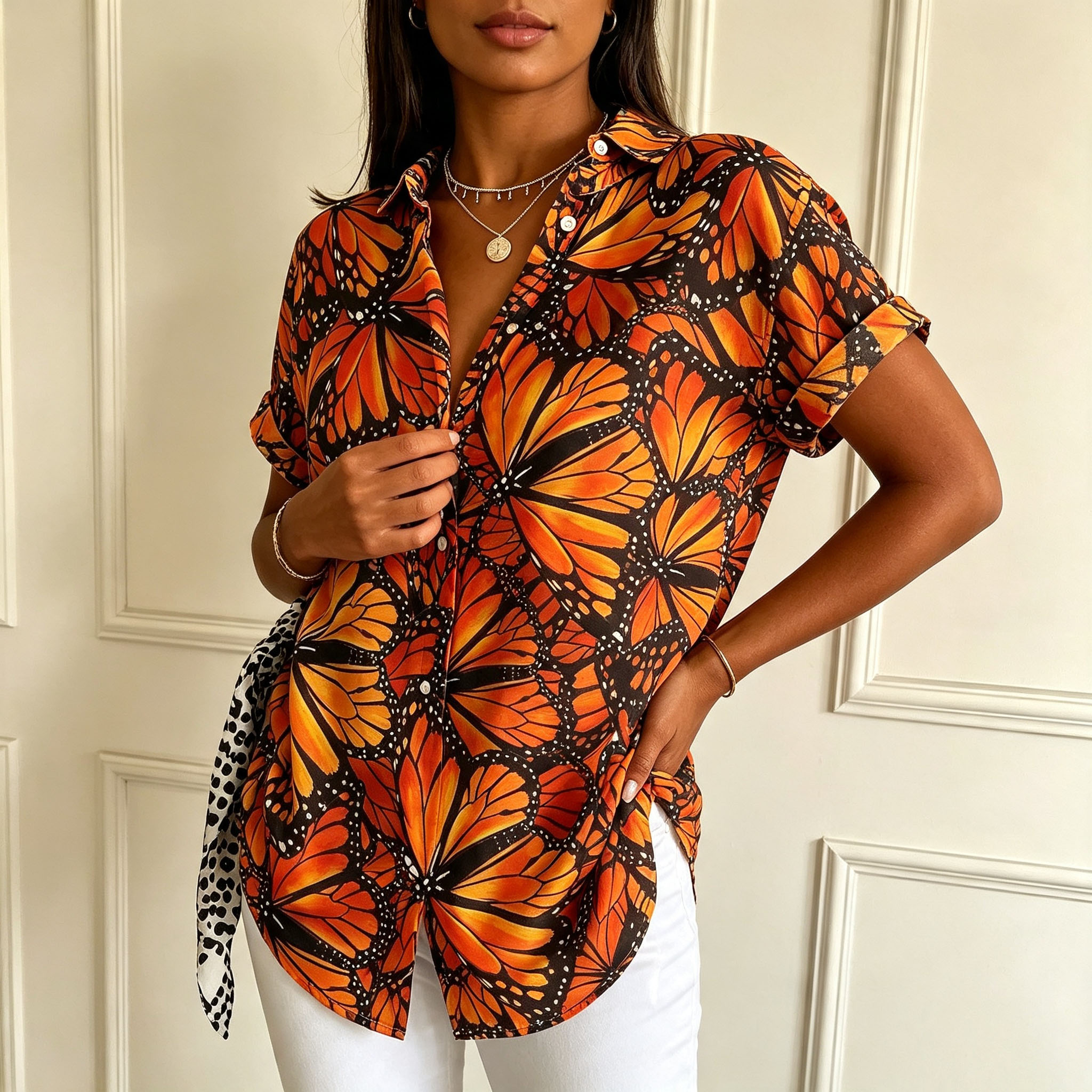 Women's Butterfly Print Button Down Shirt – Short Sleeve Casual Blouse, Lightweight Polyester Summer Fashion Top