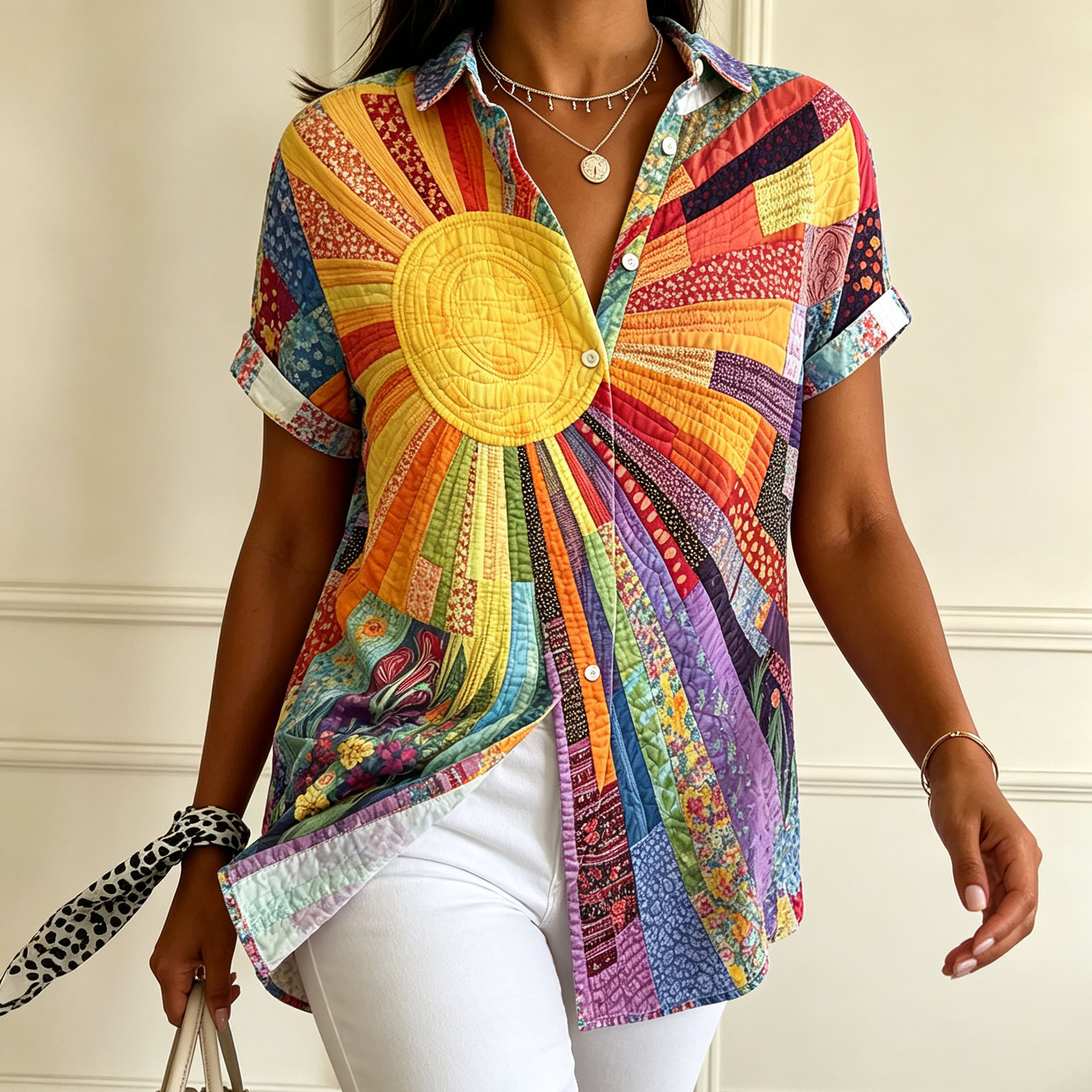 Women’s Colorful Patchwork Print Button Down Shirt – Short Sleeve Casual Blouse with Artistic Boho Pattern, Lightweight Polyester Tops for Women, Summer Vacation Casual Wear