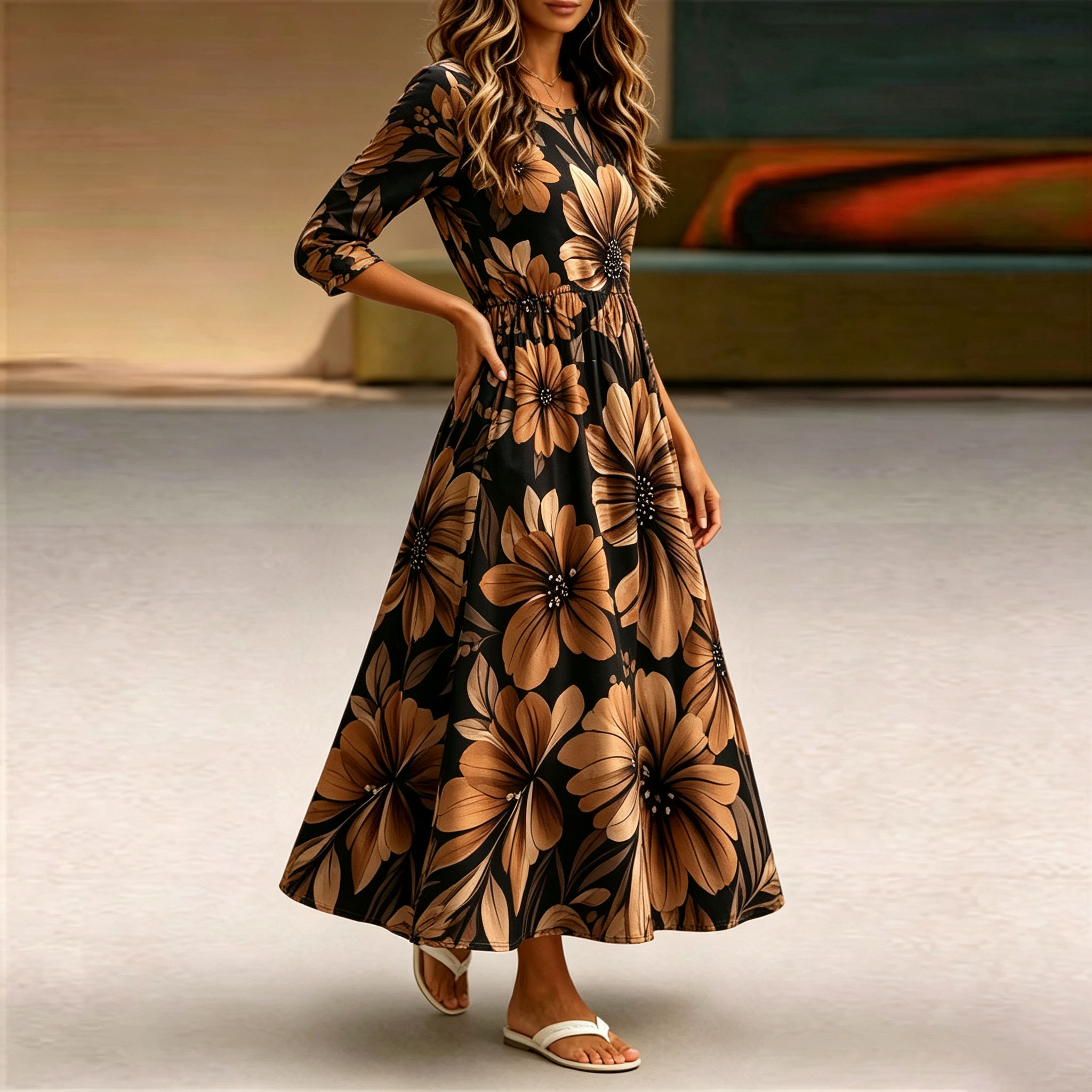 Women’s Floral Maxi Dress, Elegant Black Long Sleeve Flower Print Dress, A-Line Swing Casual Dress with Pockets, Lightweight Polyester Boho Dress for Fall, Party, Vacation & Everyday Wear