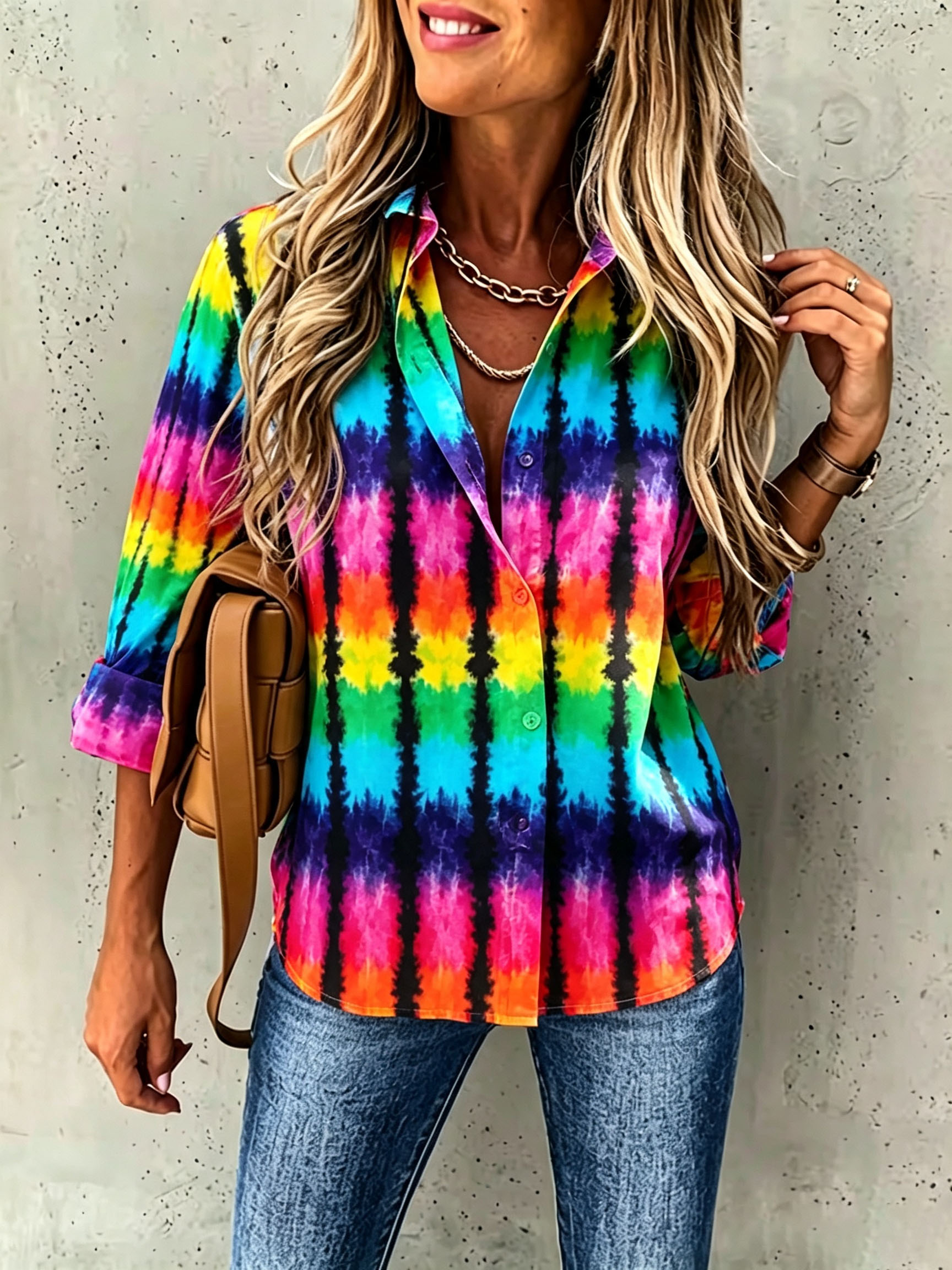 Women's Tie Dye Print Button Down Shirt Casual Long Sleeve Blouse Colorful Printed Oversized Tops Loose Fit Beach Vacation Shirt-gemscharms