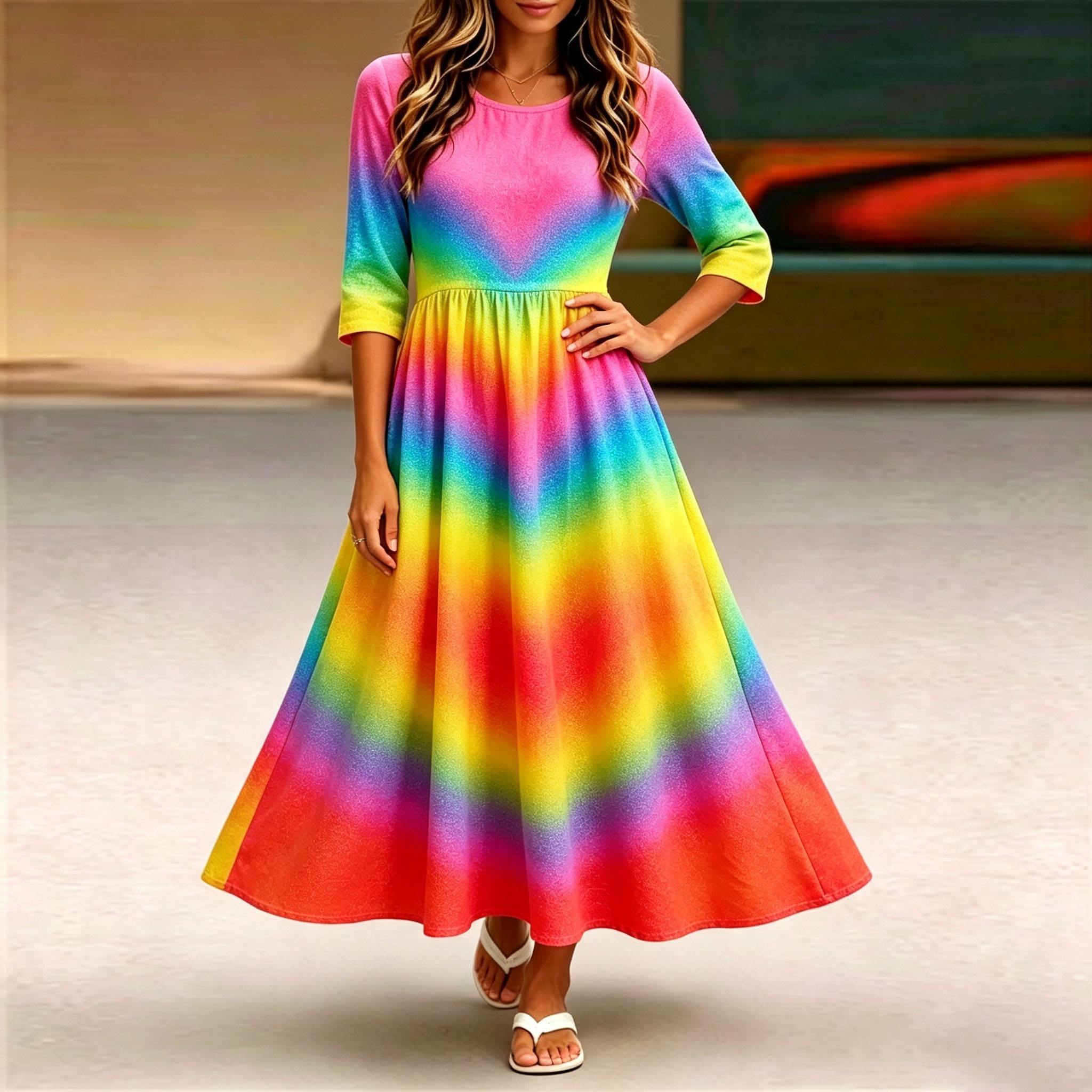 Women’s Rainbow Tie Dye Print Midi Dress – Mid-Length Sleeve Casual Loose Fit Long Dress with Pockets