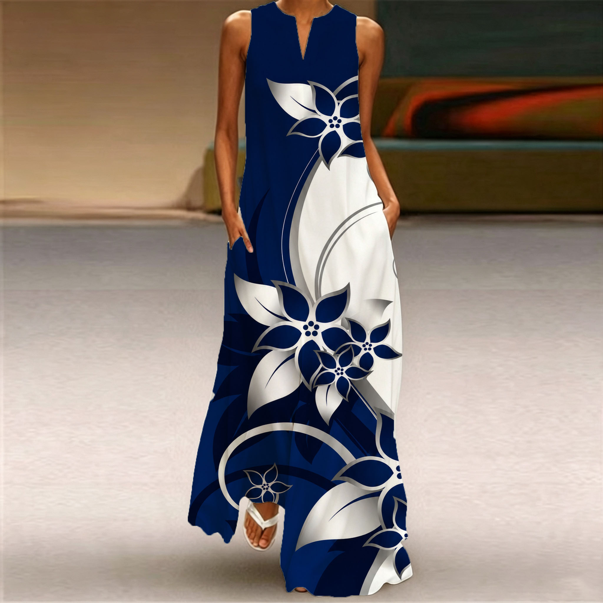 Women's Elegant Blue Floral Print Maxi Dress – Sleeveless Summer Casual Dress with Flowing A-Line Silhouette