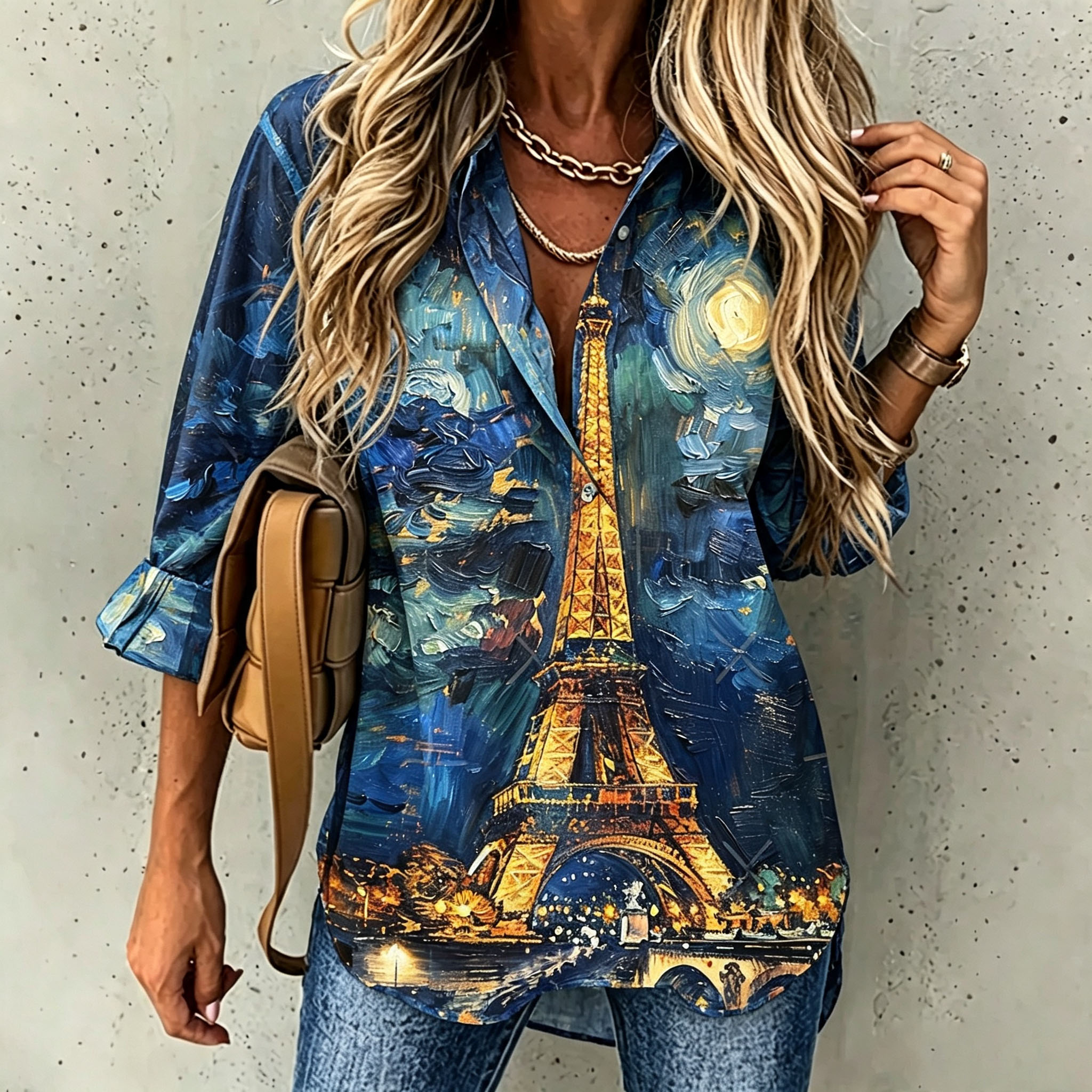 Women's Paris Eiffel Tower Art Print Button Down Shirt – Long Sleeve Casual Blouse with Vintage City Landscape Design and Relaxed Fit-gemscharms