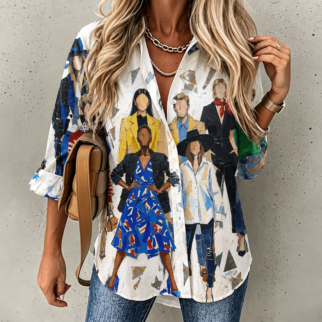 Women’s Artistic Fashion Print Long Sleeve Button Down Shirt, Abstract Figure Printed Collared Blouse, Casual Loose Fit Graphic Shirt for Spring Fall-gemscharms