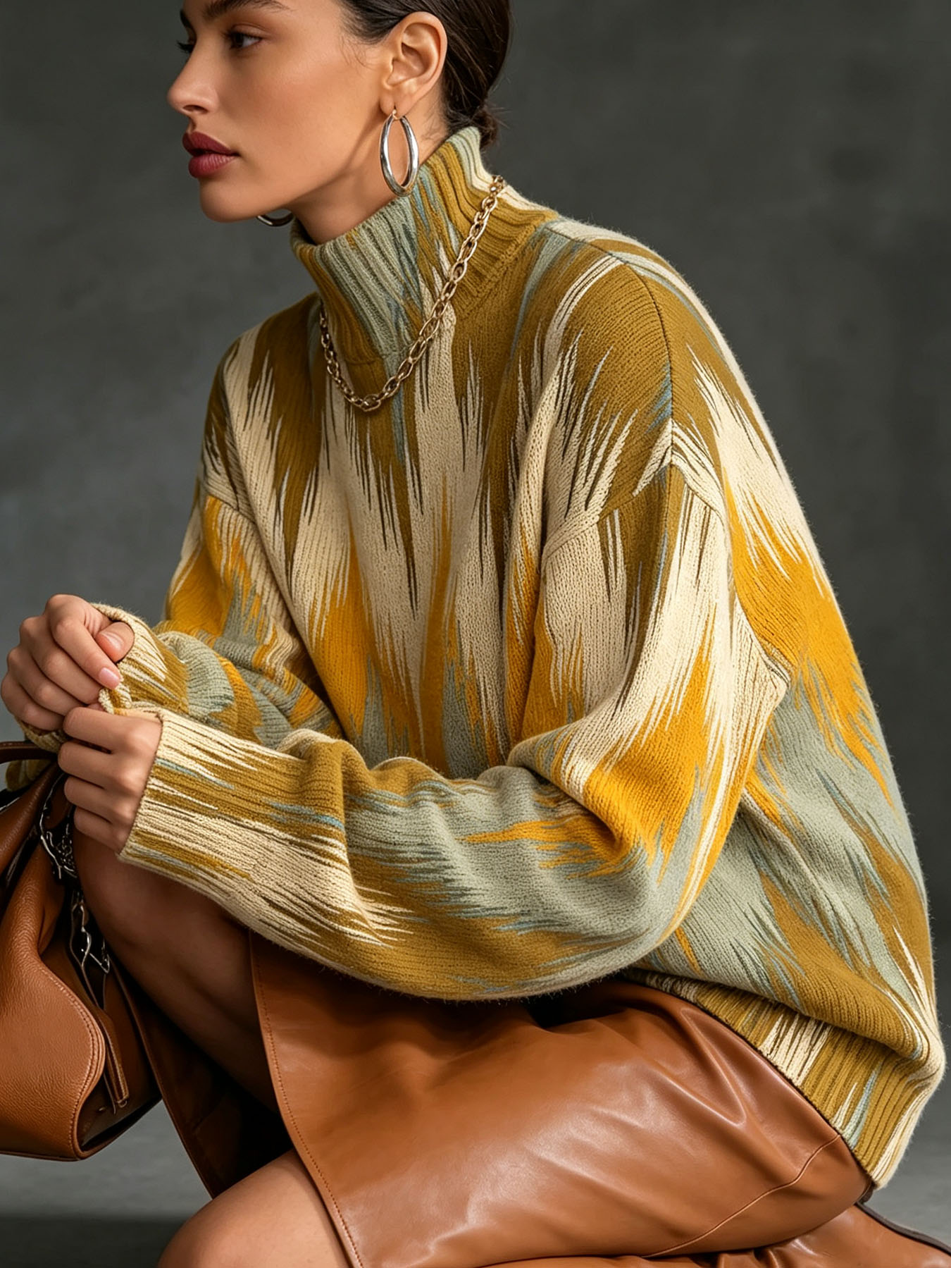  Women's High Neck Oversized Sweater, Abstract Ikat Print Loose Long Sleeve Casual Pullover Knit Top for Fall Winter