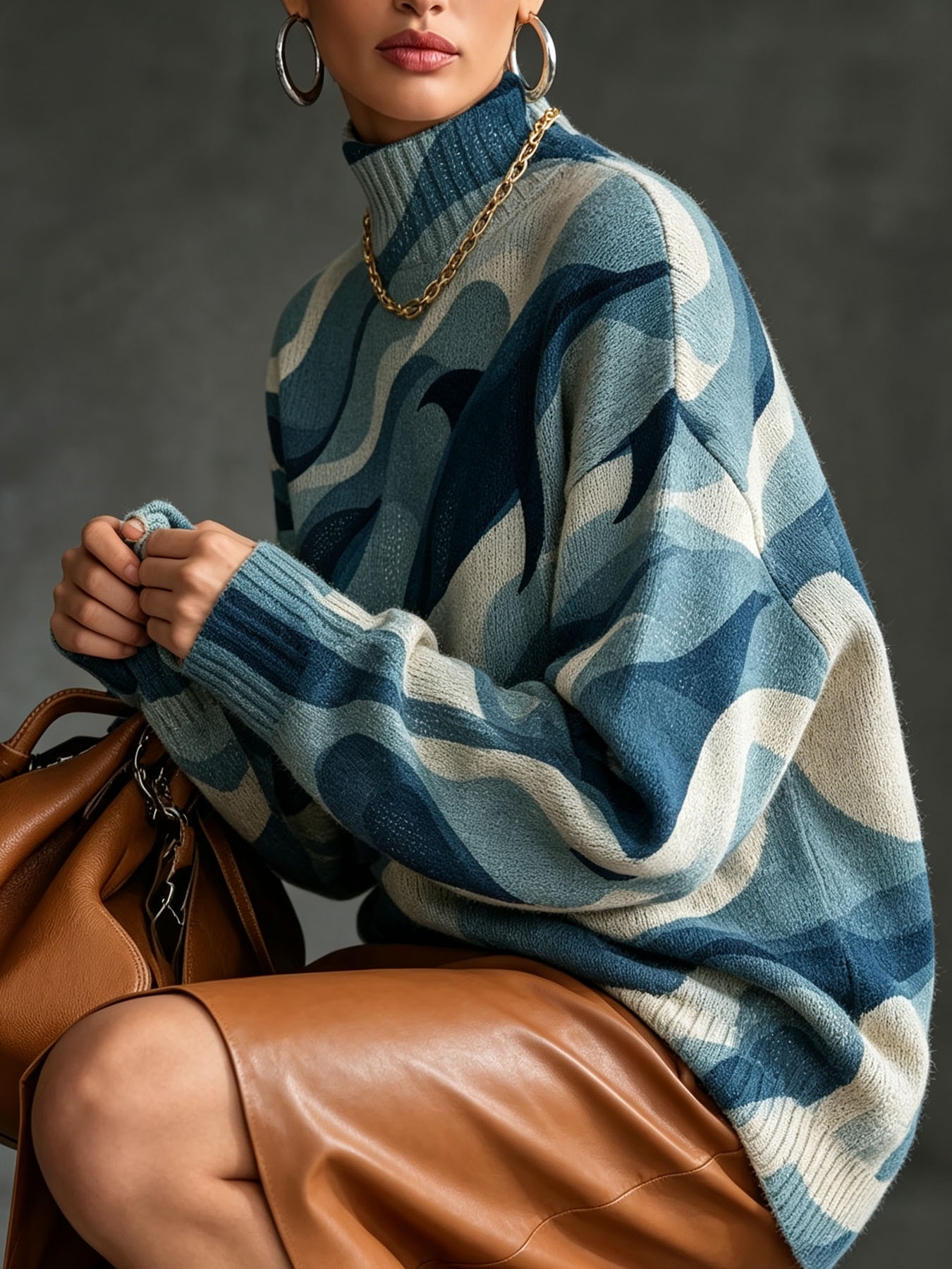 1. Women's Oversized Turtleneck Sweater, Ocean Dolphin Wave Print Long Sleeve Loose Casual Fall Winter Pullover Knit Top 2.