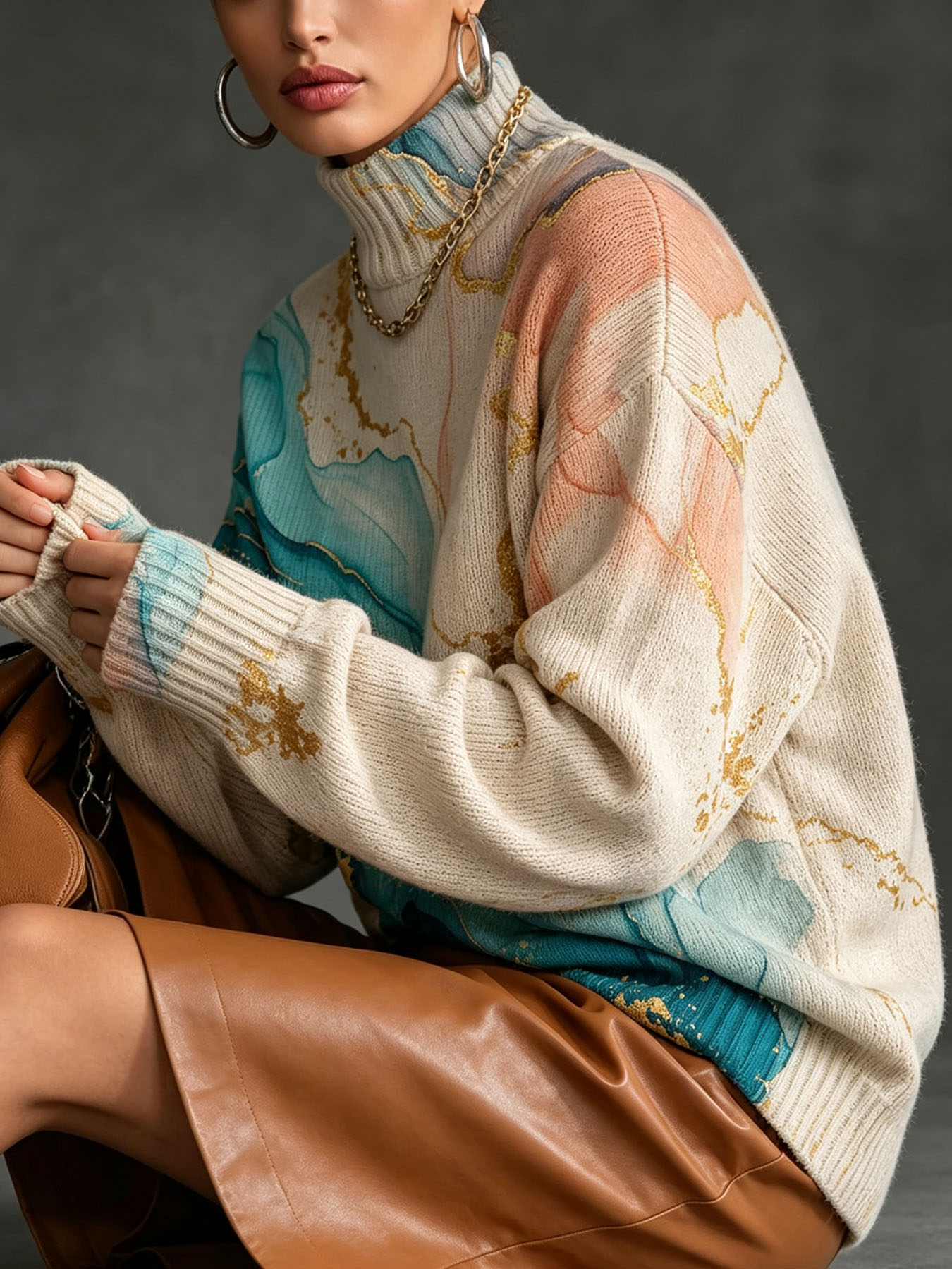  Women's Oversized Turtleneck Sweater, Marble Alcohol Ink Gold Foil Print Long Sleeve Loose Casual Fall Winter Pullover Knit Top 2.