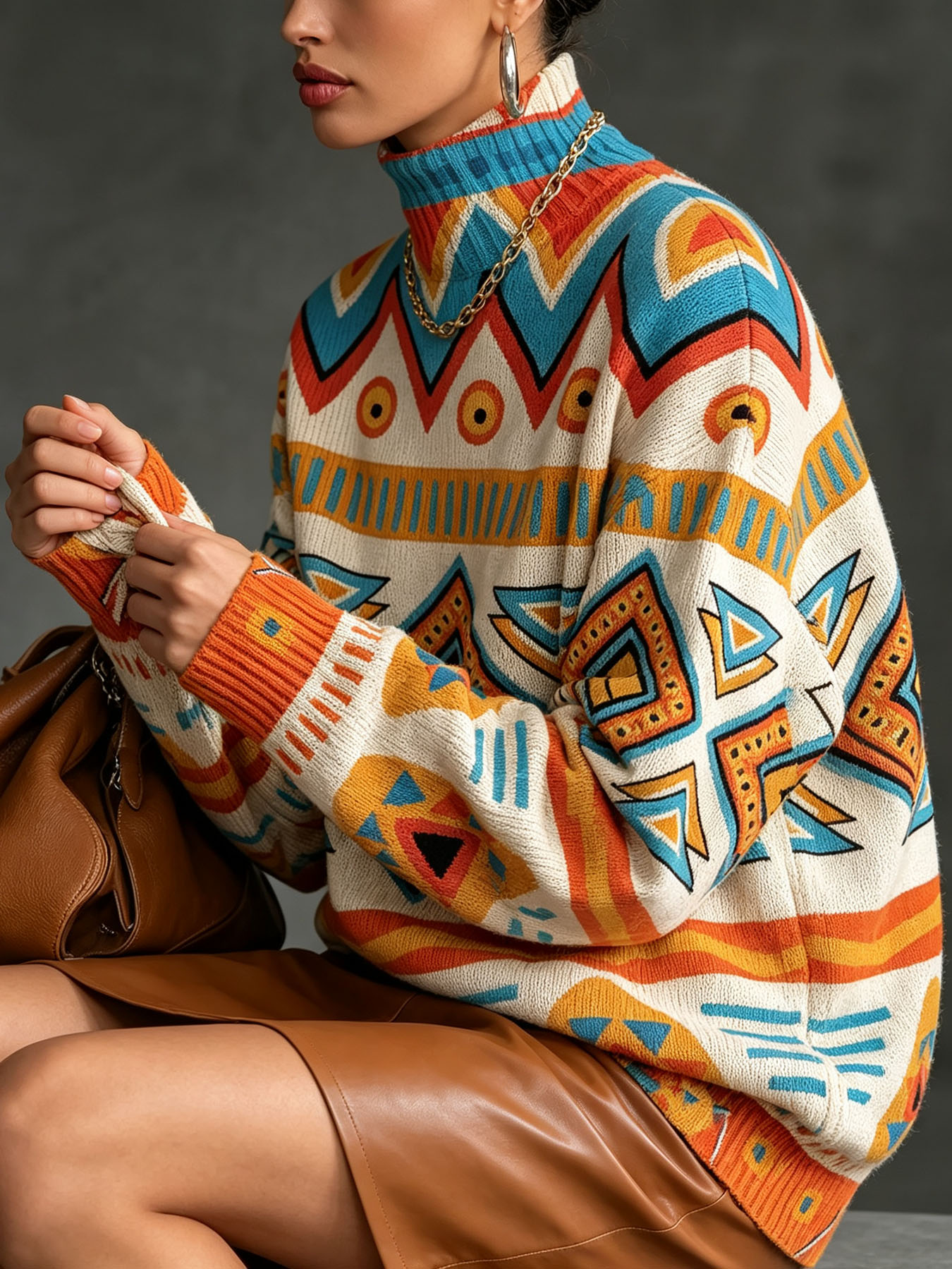 Women's Oversized Turtleneck Sweater, Bohemian Aztec Geometric Print Long Sleeve Loose Casual Fall Winter Pullover Knit Top
