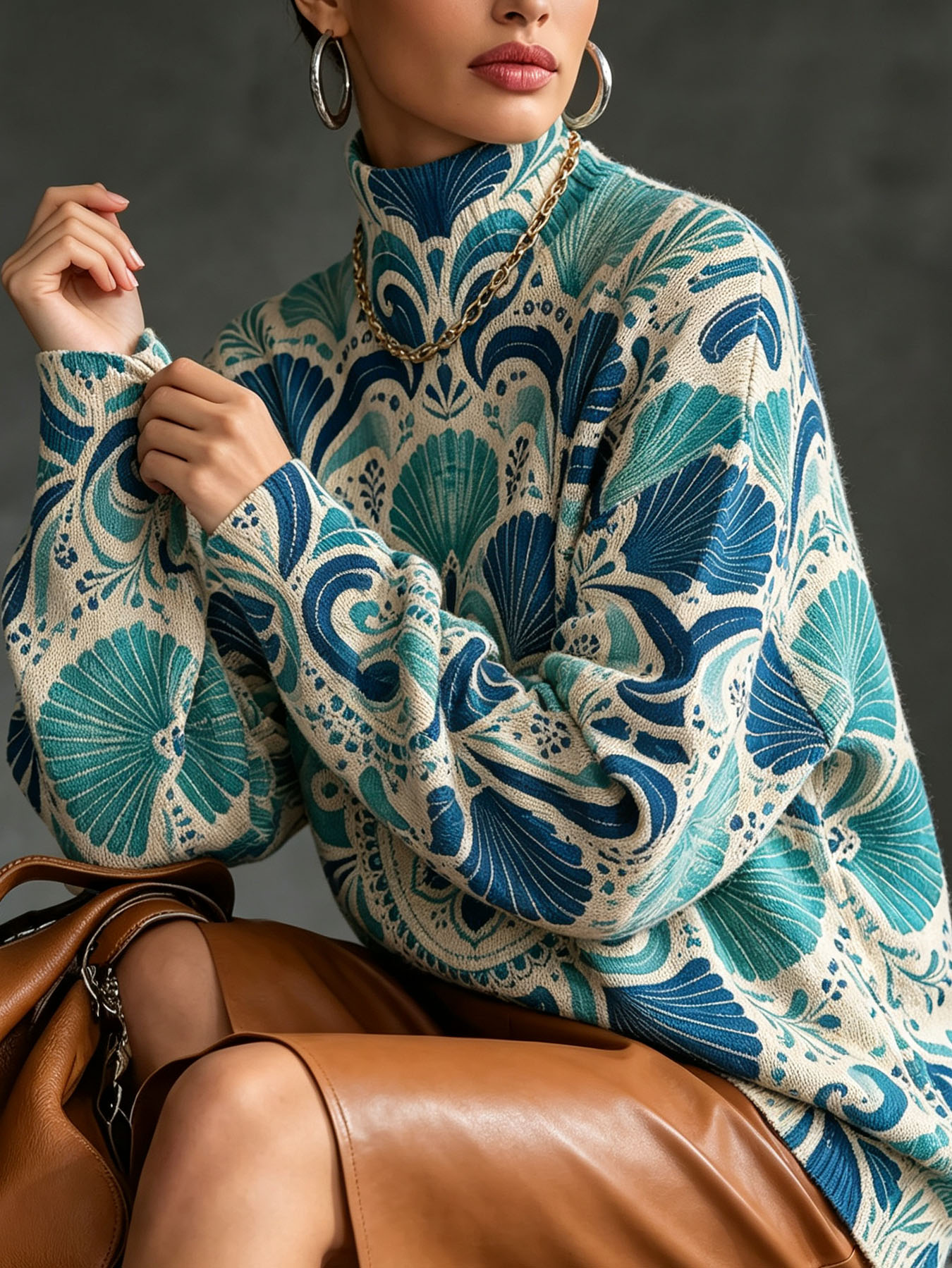 Women's Oversized Turtleneck Sweater, Boho Mandala Floral Print Long Sleeve Loose Casual Fall Winter Pullover Knit Top 2.