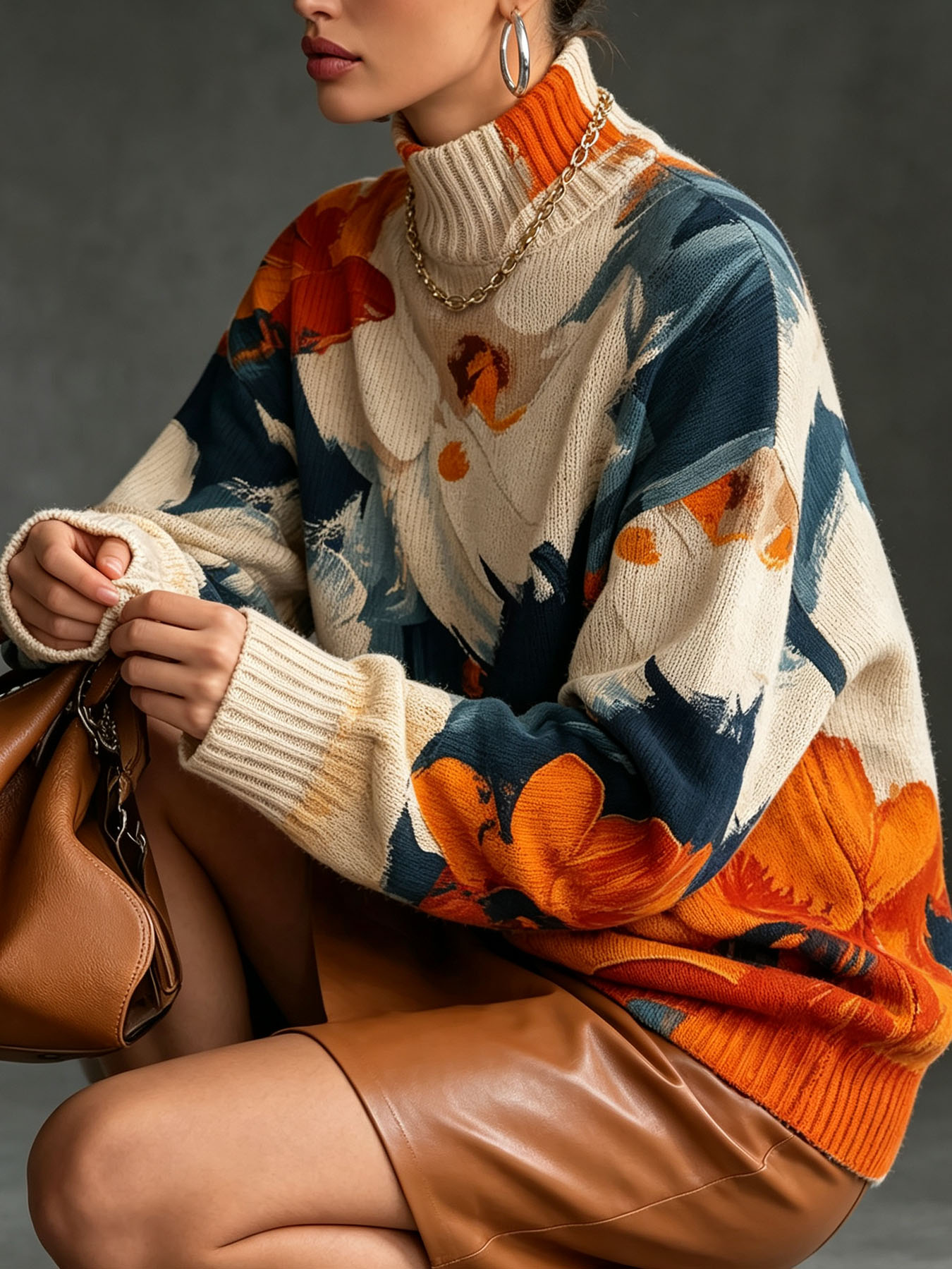 Women's Oversized Turtleneck Sweater, Abstract Oil Painting Floral Print Long Sleeve Loose Casual Fall Winter Pullover Knit Top 2.