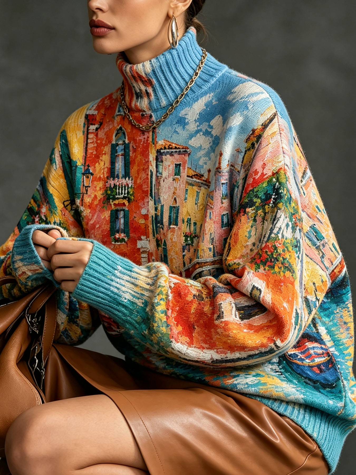 Women's Oversized Turtleneck Sweater, Venice Canal Oil Painting Print Long Sleeve Loose Casual Fall Winter Pullover Knit Top