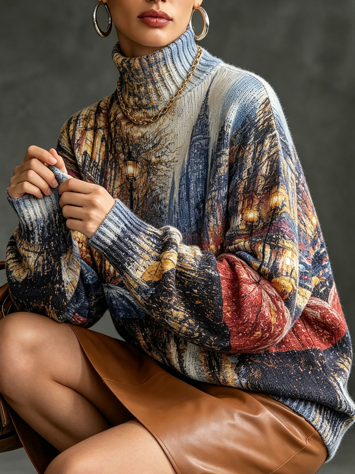 Women's Oversized Turtleneck Sweater, Rainy City Street Oil Painting Print Long Sleeve Loose Casual Fall Winter Pullover Knit Top 2.