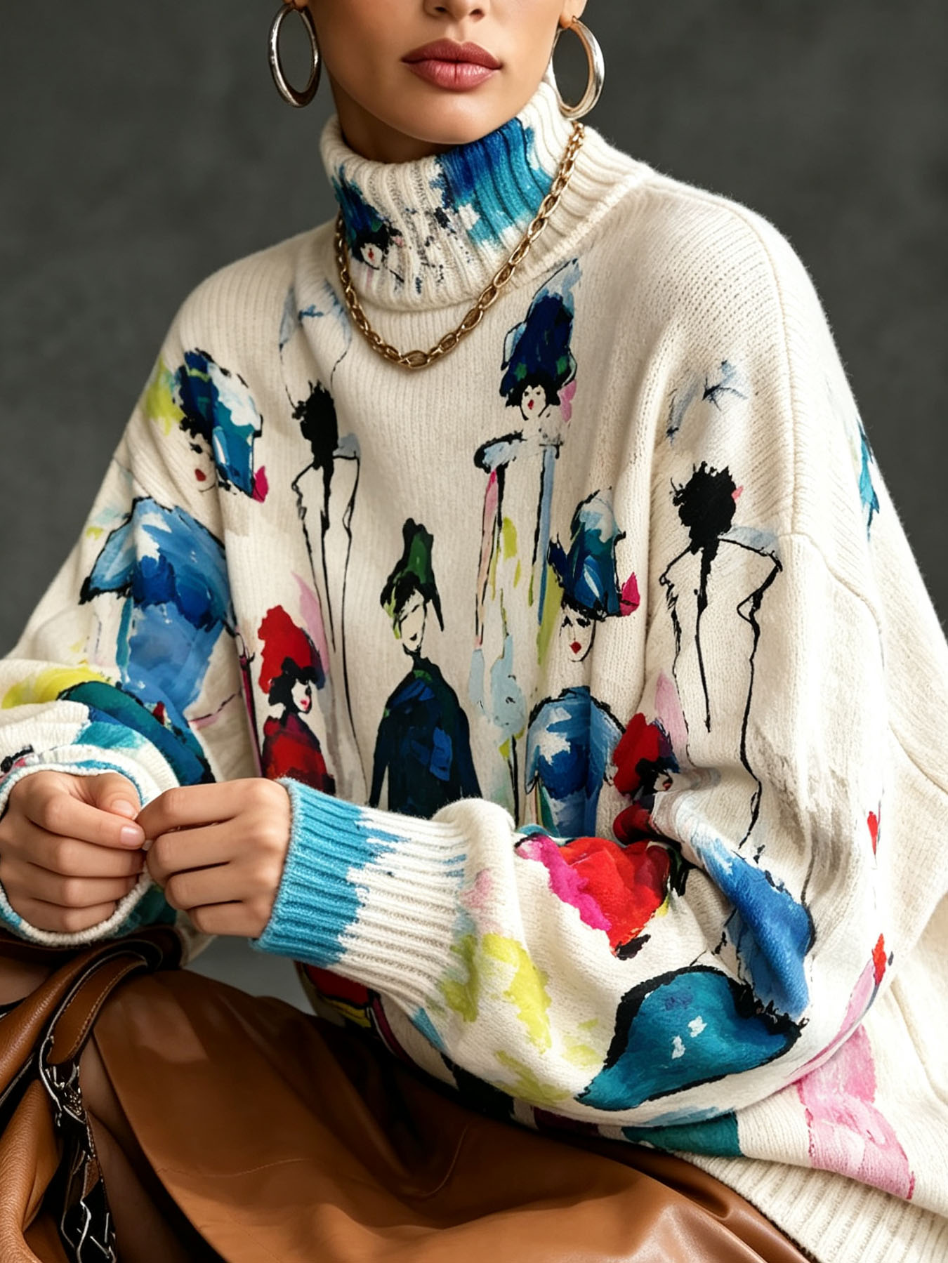Women's Oversized Turtleneck Sweater, Abstract Art Figure Painting Print Long Sleeve Loose Casual Fall Winter Pullover Knit Top