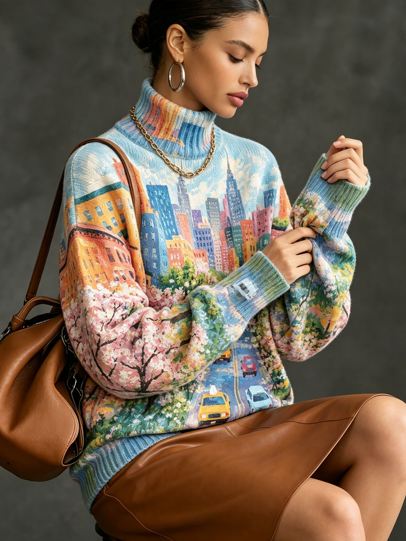 Women's Oversized Turtleneck Sweater, New York Cityscape Oil Painting Print Long Sleeve Loose Casual Fall Winter Pullover Knit Top