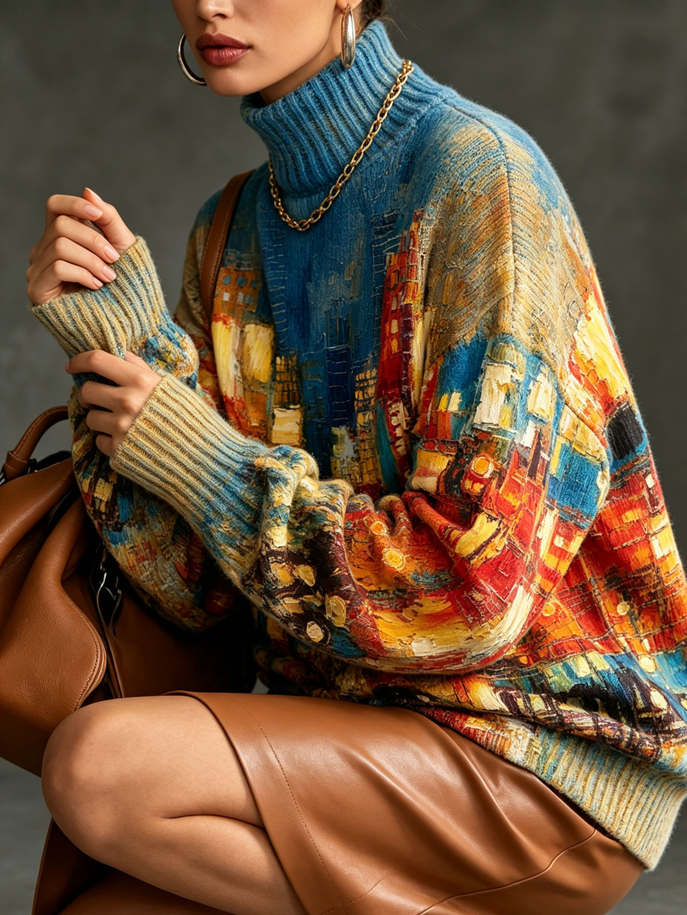 Women's Oversized Turtleneck Sweater, Abstract City Building Oil Painting Print Long Sleeve Loose Casual Fall Winter Pullover Knit Top 2.
