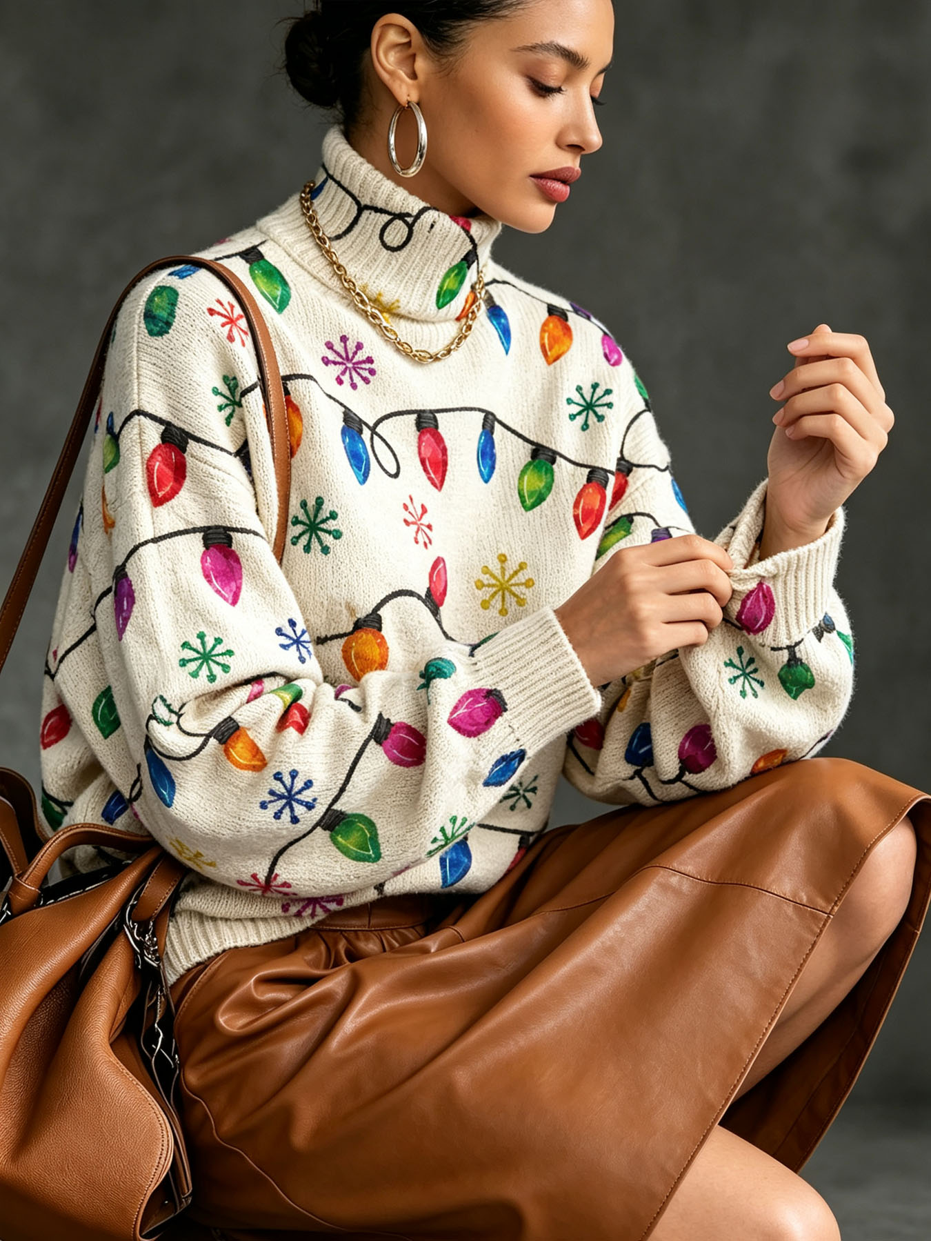 Women's Oversized Turtleneck Sweater, Christmas String Lights Snowflake Print Long Sleeve Loose Fall Winter Holiday Pullover Knit Top
