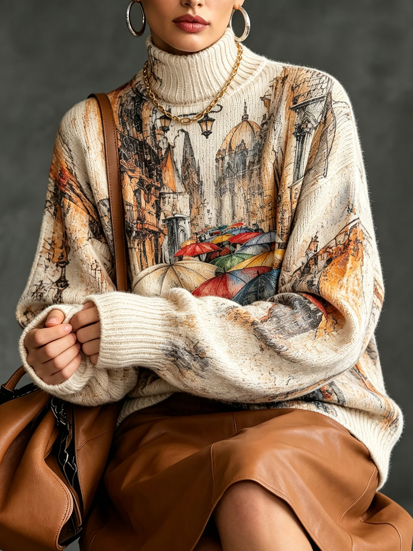 Women's Oversized Turtleneck Sweater, European Rainy Street Scene Oil Painting Print Long Sleeve Loose Casual Fall Winter Pullover Knit Top