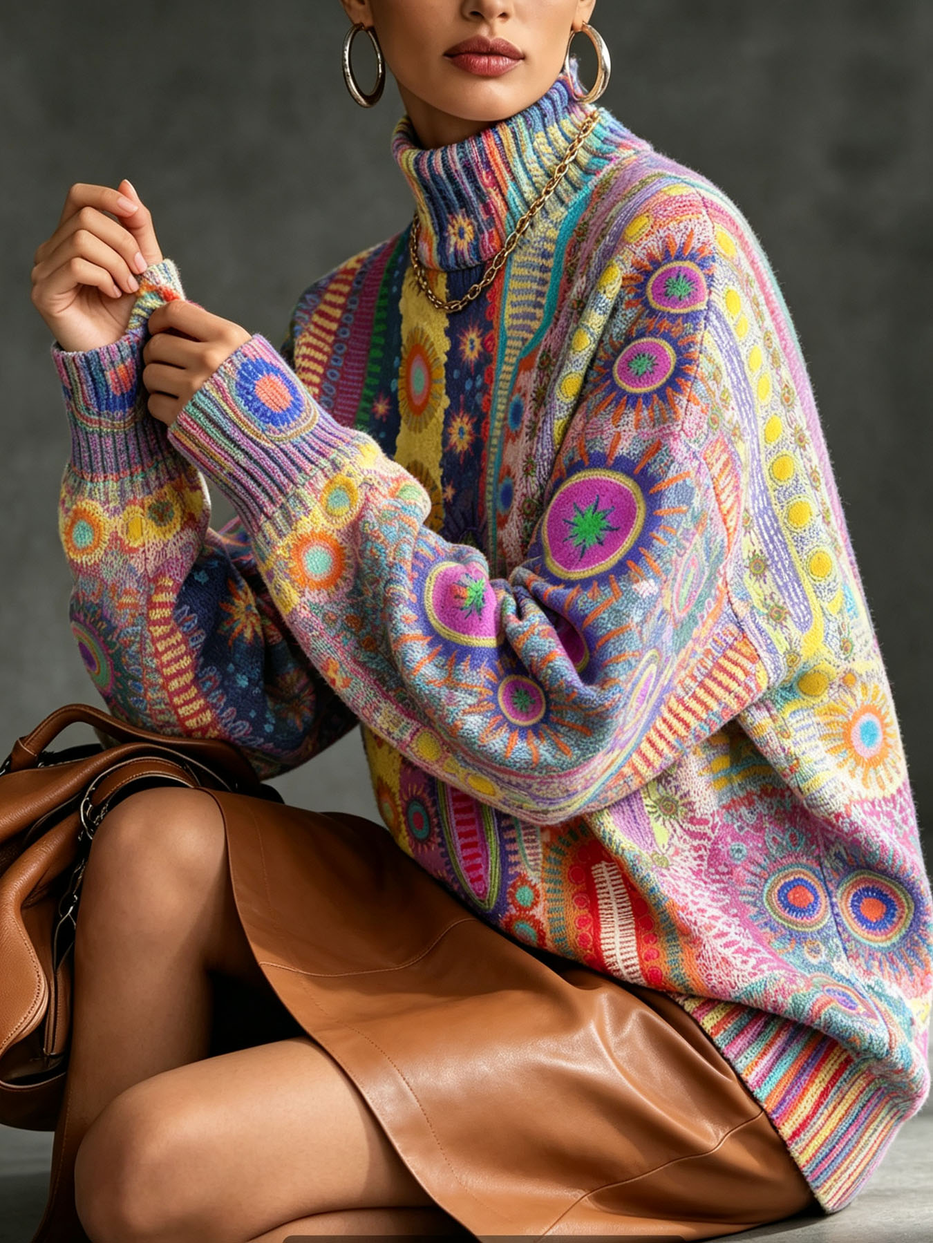 Women's Oversized Turtleneck Sweater, Bohemian Ethnic Colorful Geometric Sun Print Long Sleeve Loose Casual Fall Winter Pullover Knit Top