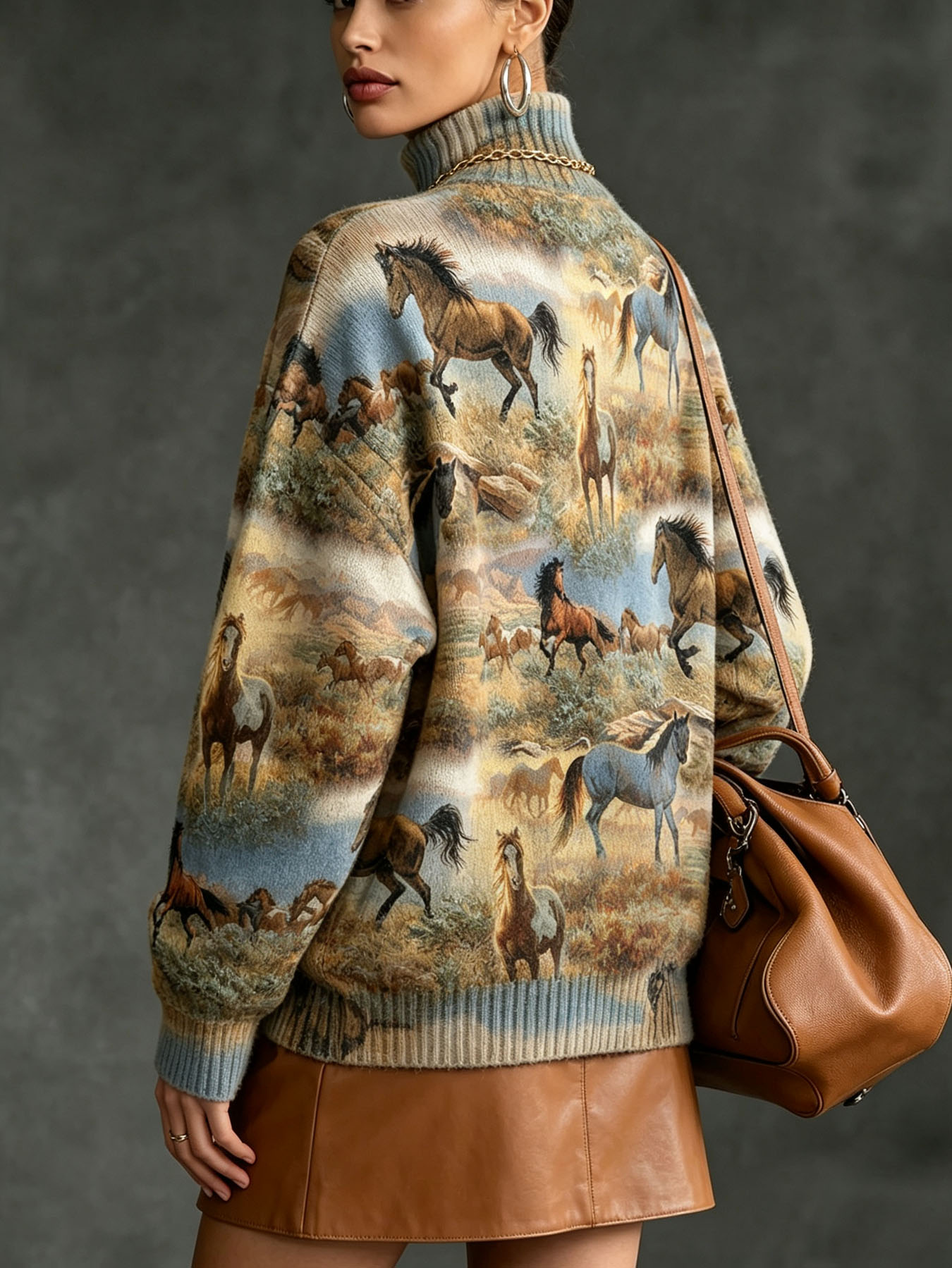 Women's Oversized Turtleneck Sweater, Wild Horses Prairie Landscape Oil Painting Print Long Sleeve Loose Casual Fall Winter Pullover Knit Top