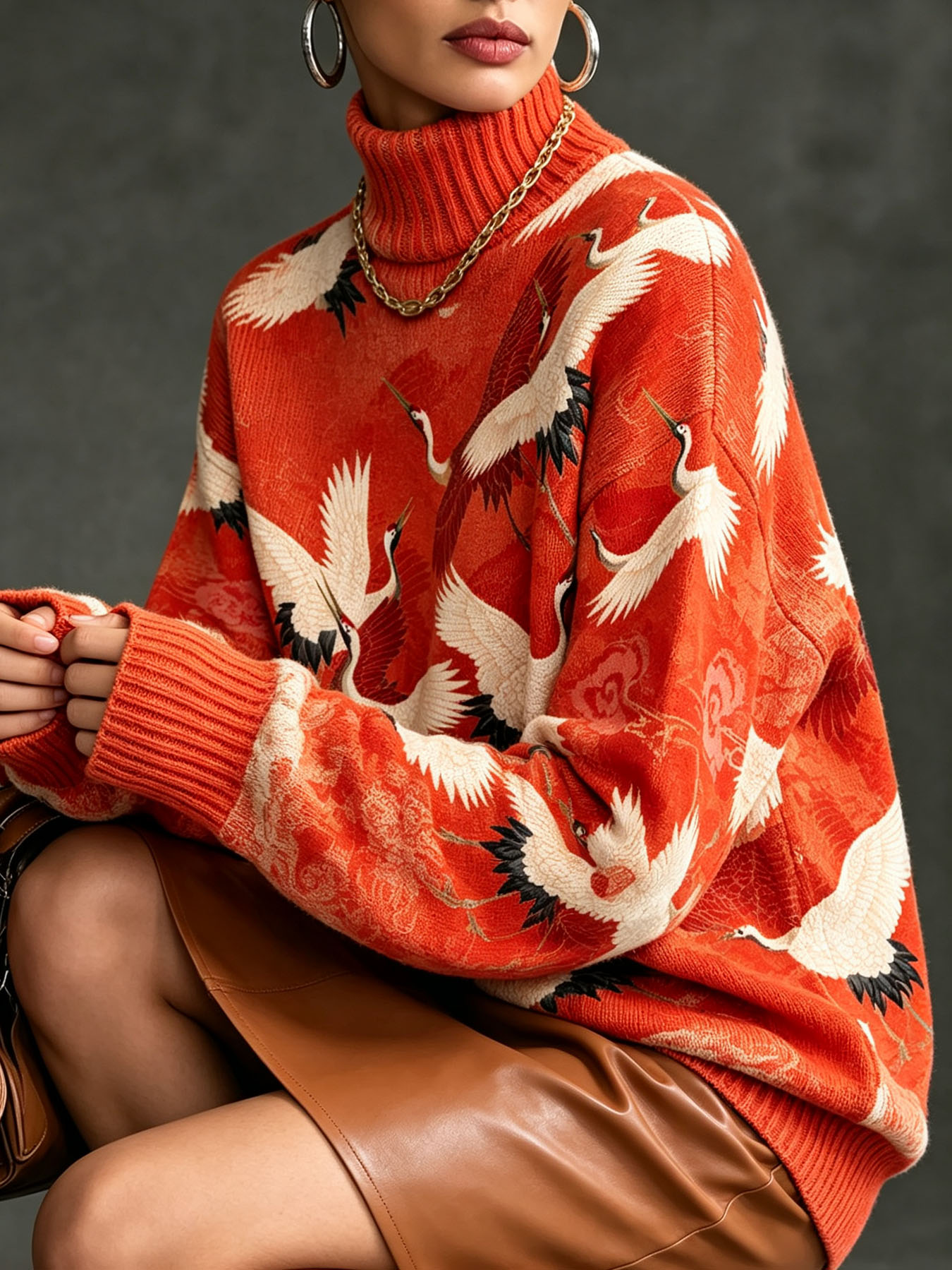 Women’s Red Crane Print Sweater – Oversized Cozy Turtleneck Knit Top with Artistic Bird Design