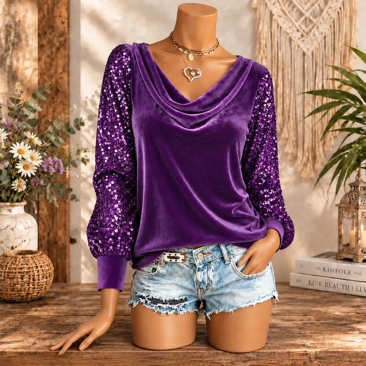 Women’s Velvet Cowl Neck Long Sleeve Top with Sequin Sleeves