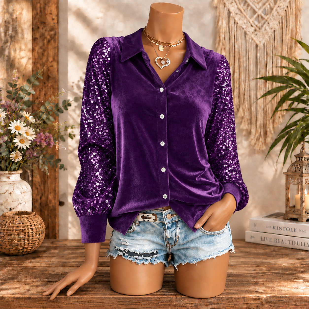 Women's Velvet Button Down Shirt Sequin Long Sleeve Blouse Elegant Sparkle Party Top Casual Luxury Shirt for Fall Winter