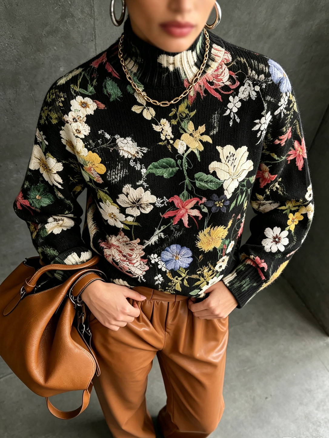 Women Floral Print Turtleneck Sweater, Long Sleeve Loose Fit Knit Pullover Vintage Flower Pattern Casual Fall Winter Jumper Tops