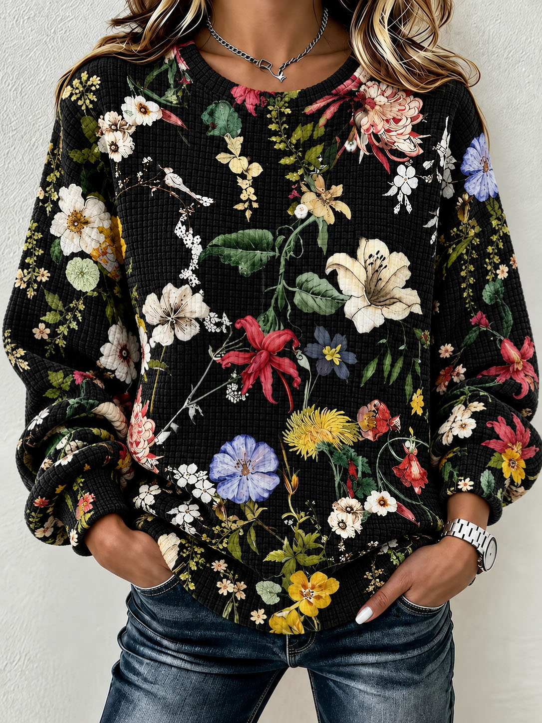 Women's Waffle Knit Crew Neck Sweatshirt, Vintage Botanical Floral Print Long Sleeve Loose Casual Pullover Tops