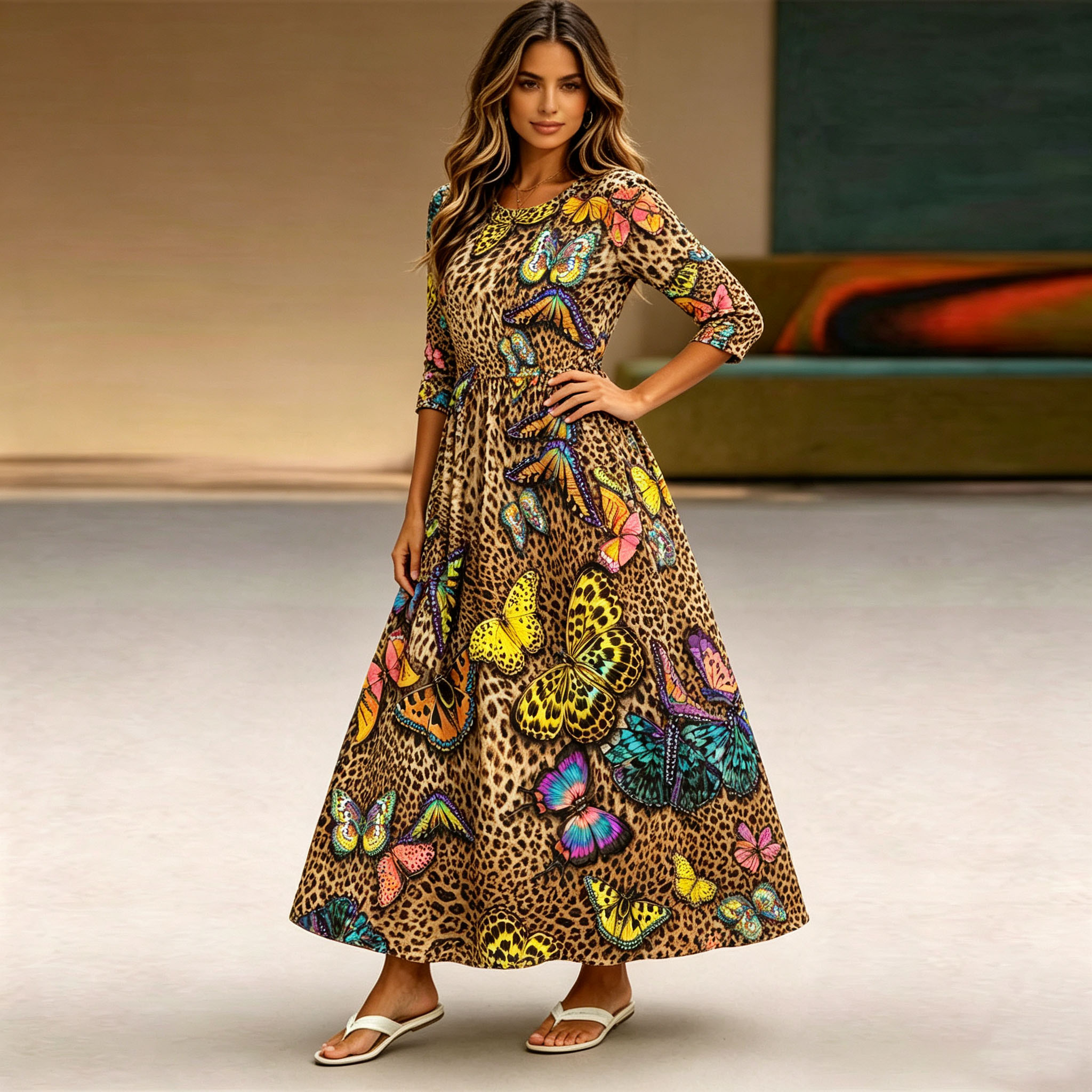 Women's Butterfly Leopard Print Maxi Dress 3/4 Sleeve Casual Swing Dress with Pockets, Boho A Line Long Dress for Summer Vacation