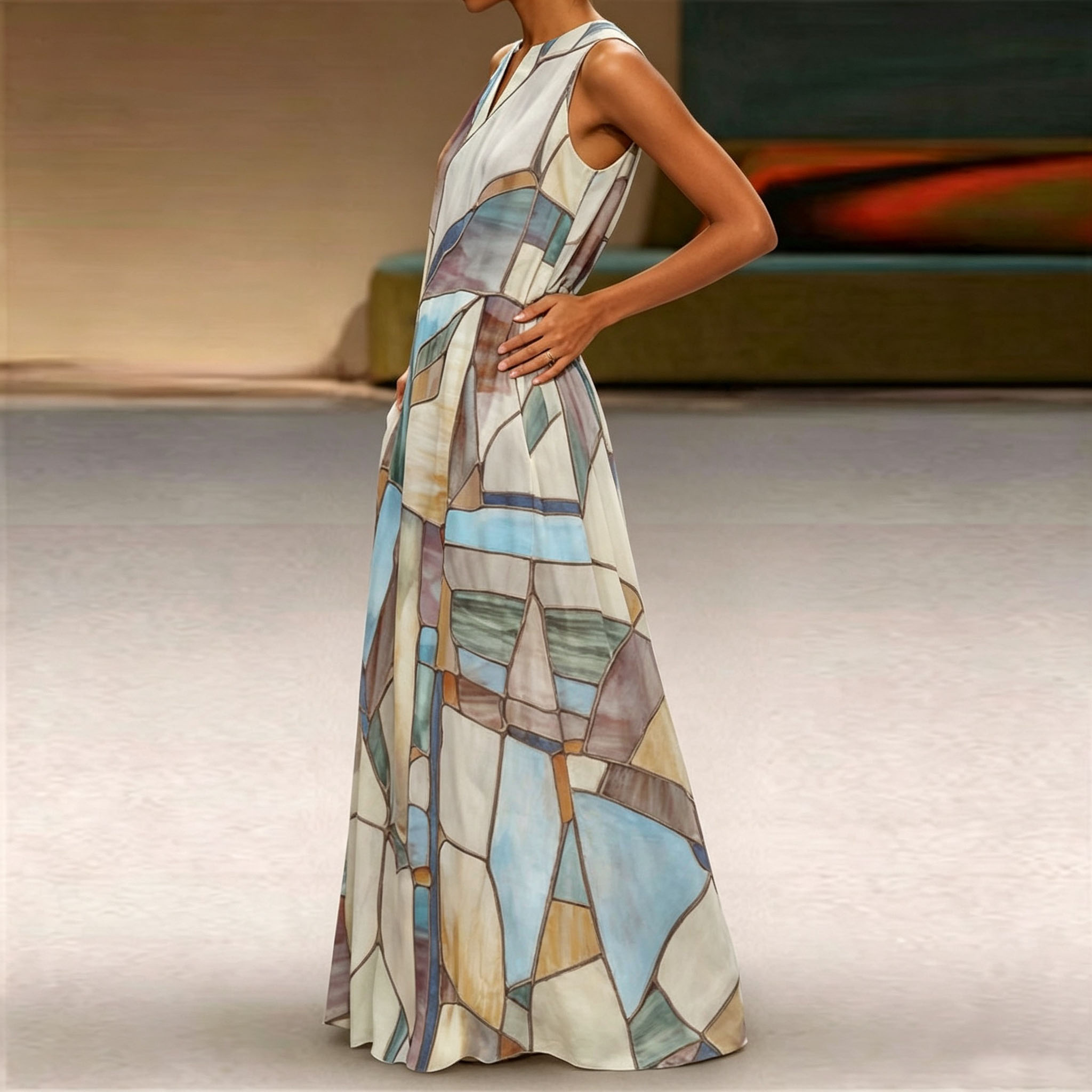 Women's Abstract Geometric Print Maxi Dress – Elegant Sleeveless Loose Fit Summer Dress with Pockets
