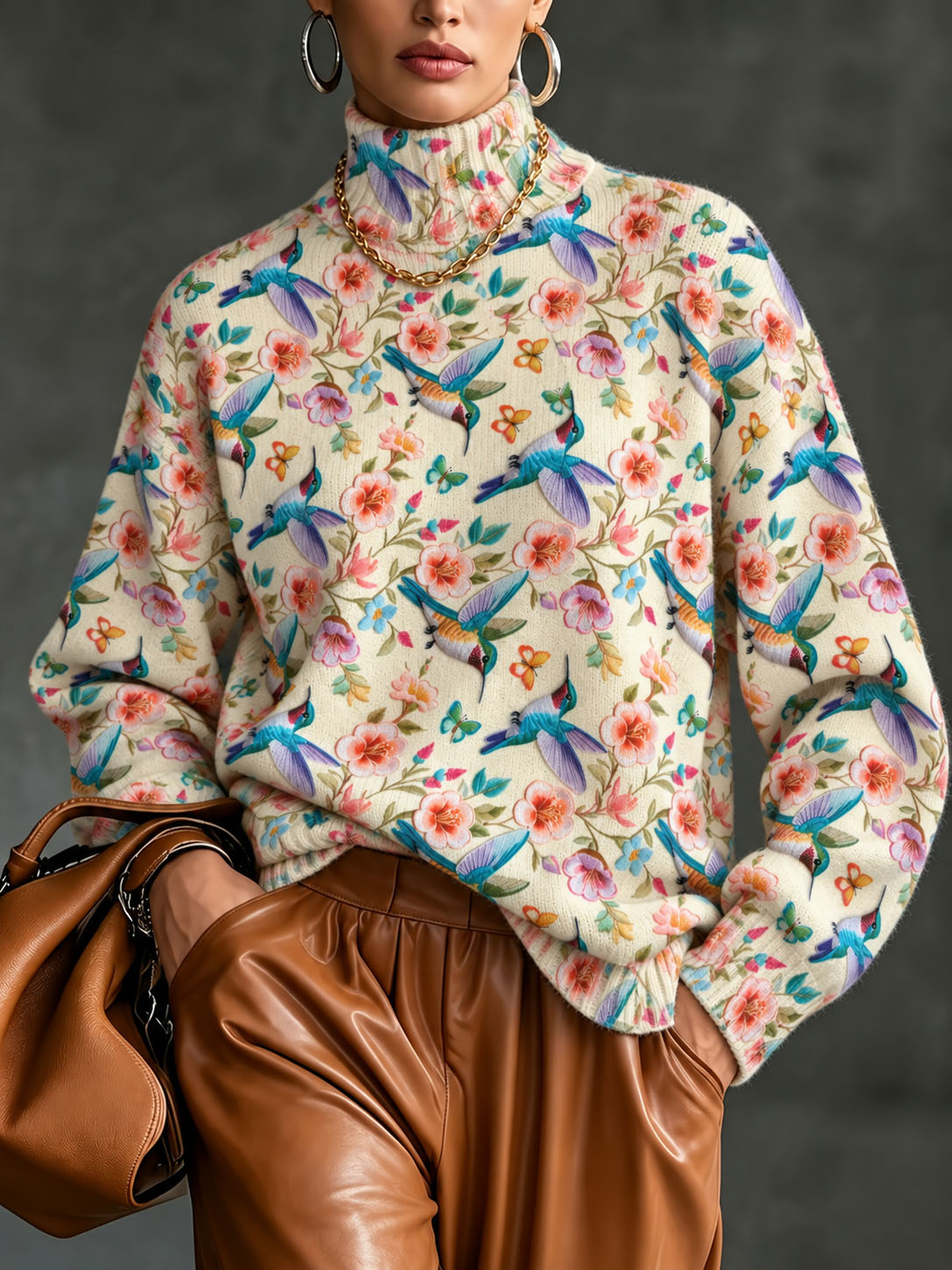 Women's Floral Print Sweater Long Sleeve Mock Neck Knit Pullover Top Colorful Bird Printed Casual Loose Fit Fall Winter Fashion