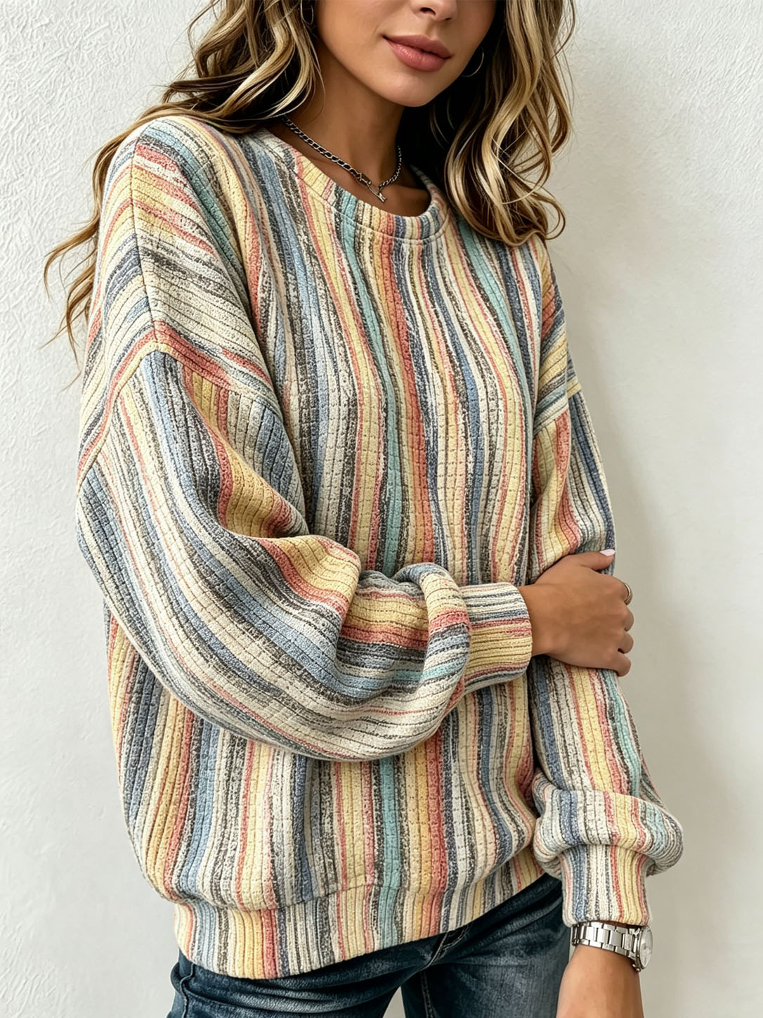 Women's Waffle Knit Sweatshirt Vintage Rainbow Vertical Stripe Print Crew Neck Long Sleeve Casual Loose Pullover Tops  >