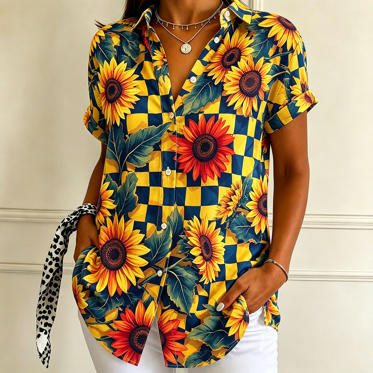 Women’s Short Sleeve Button Down Shirt, Sunflower Floral Print Blouse, Vintage Checkerboard Graphic Top, Lightweight Polyester Summer Shirt for Vacation, Casual Wear & Outdoor Style-gemscharms
