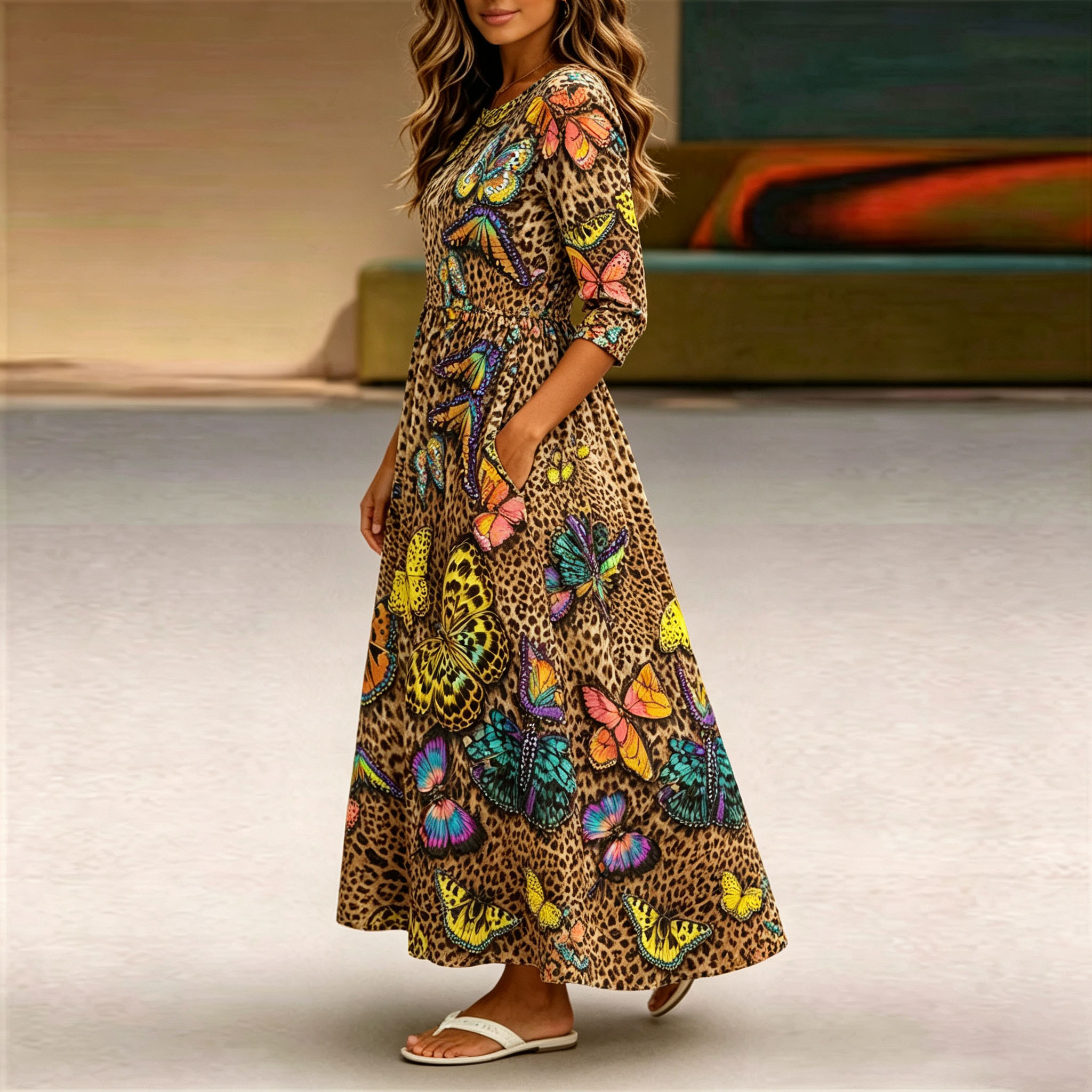 Women's Butterfly Leopard Print Maxi Dress 3/4 Sleeve Casual Swing Dress with Pockets, Boho A Line Long Dress for Summer Vacation