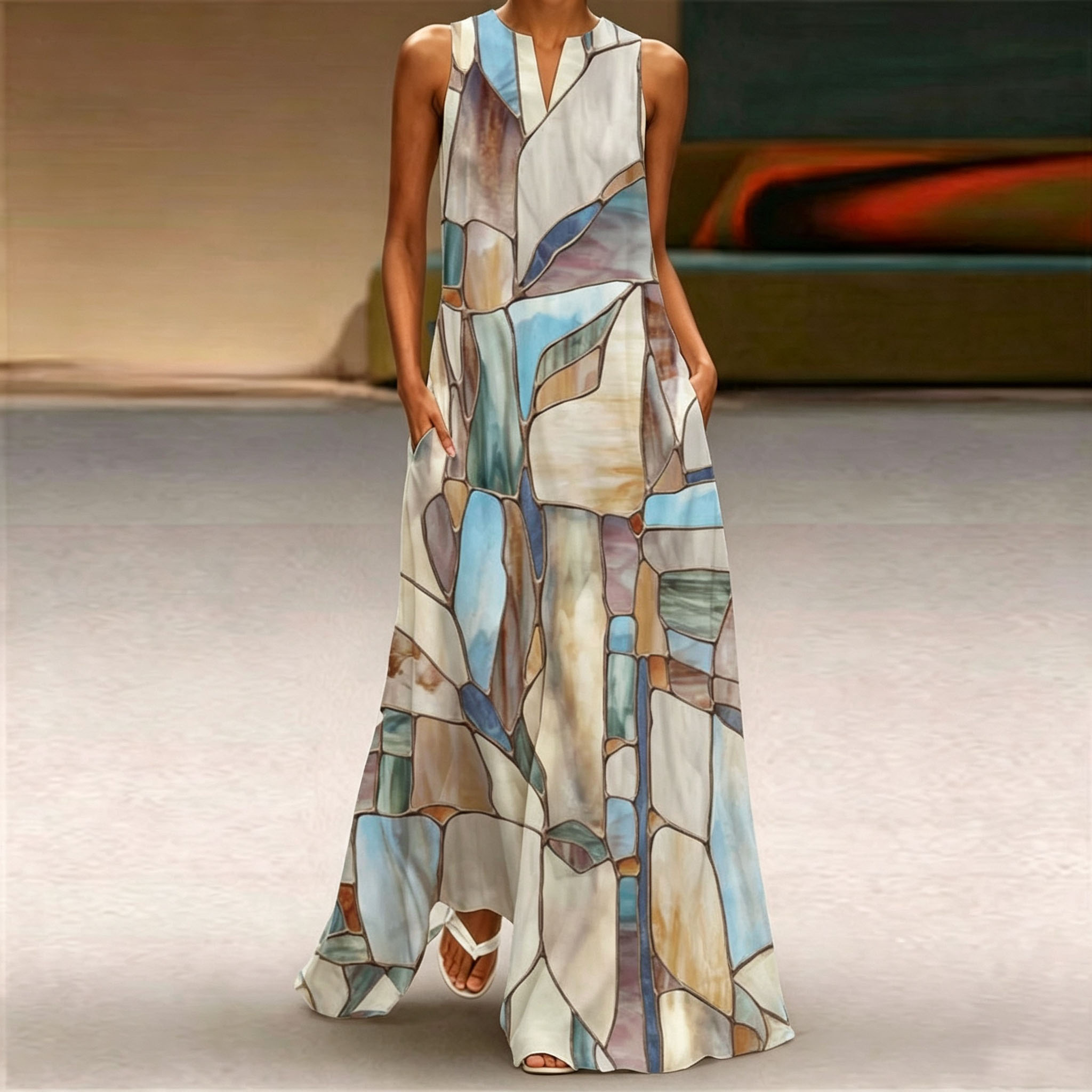 Women's Abstract Geometric Print Maxi Dress – Elegant Sleeveless Loose Fit Summer Dress with Pockets