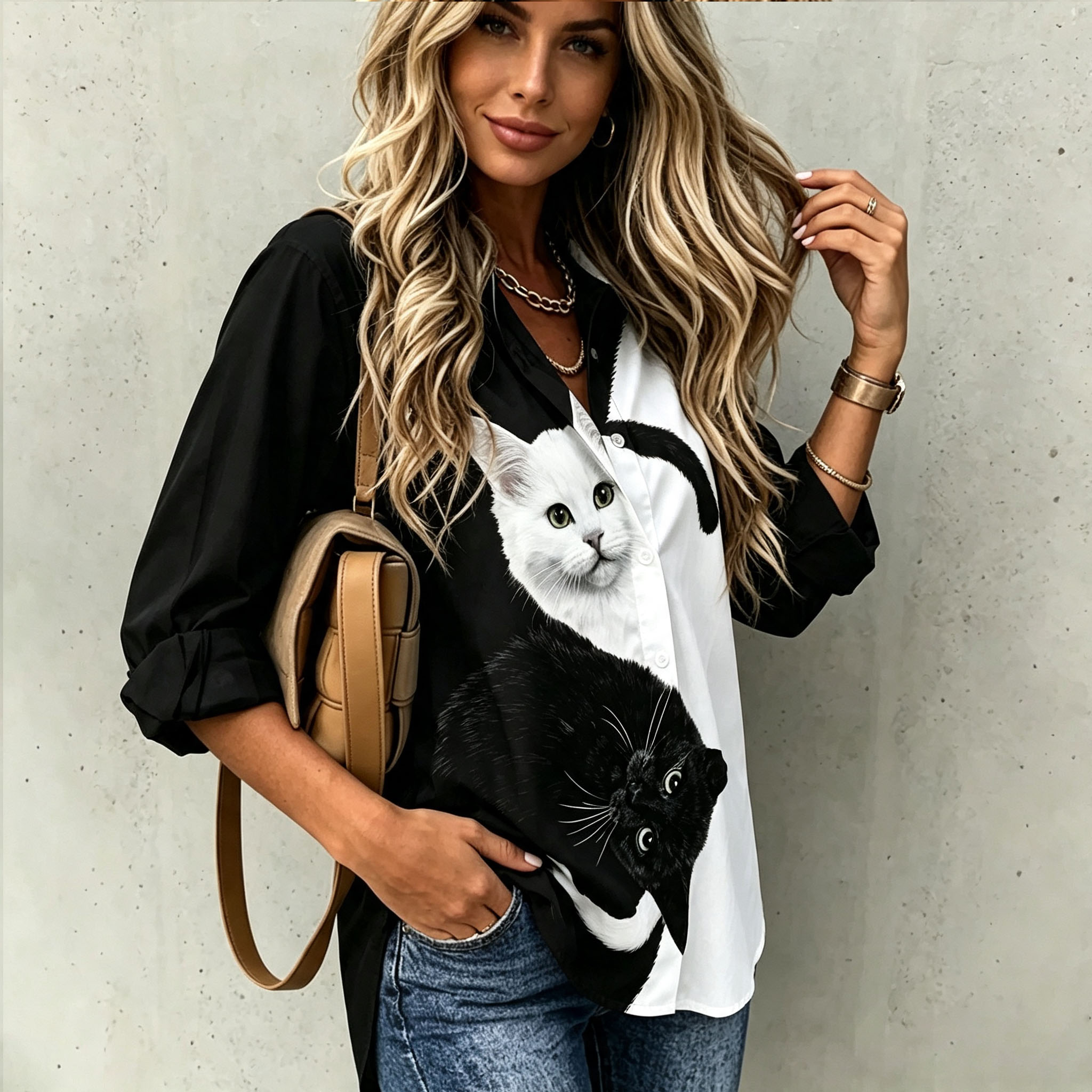 Women's Cute Cat Print Button Down Shirt Black White Graphic Blouse Casual Loose Fit Long Sleeve Tops Funny Animal Lover Shirt Fashion Streetwear Gift for Cat Lovers