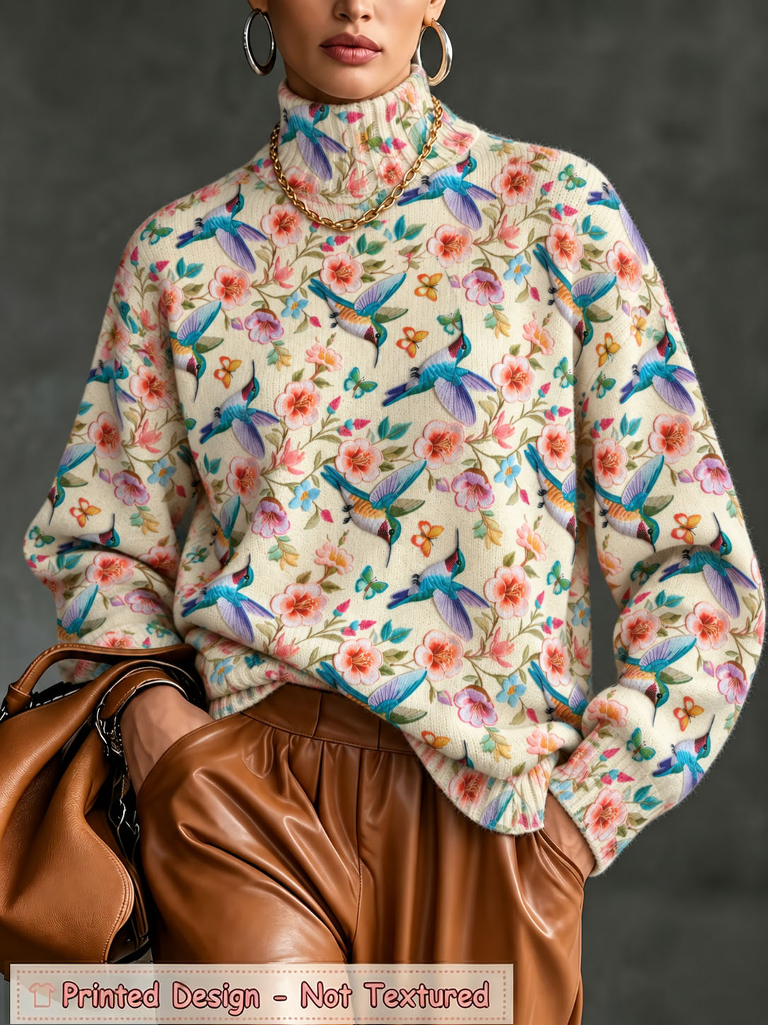 Women's Floral Print Sweater Long Sleeve Mock Neck Knit Pullover Top Colorful Bird Printed Casual Loose Fit Fall Winter Fashion