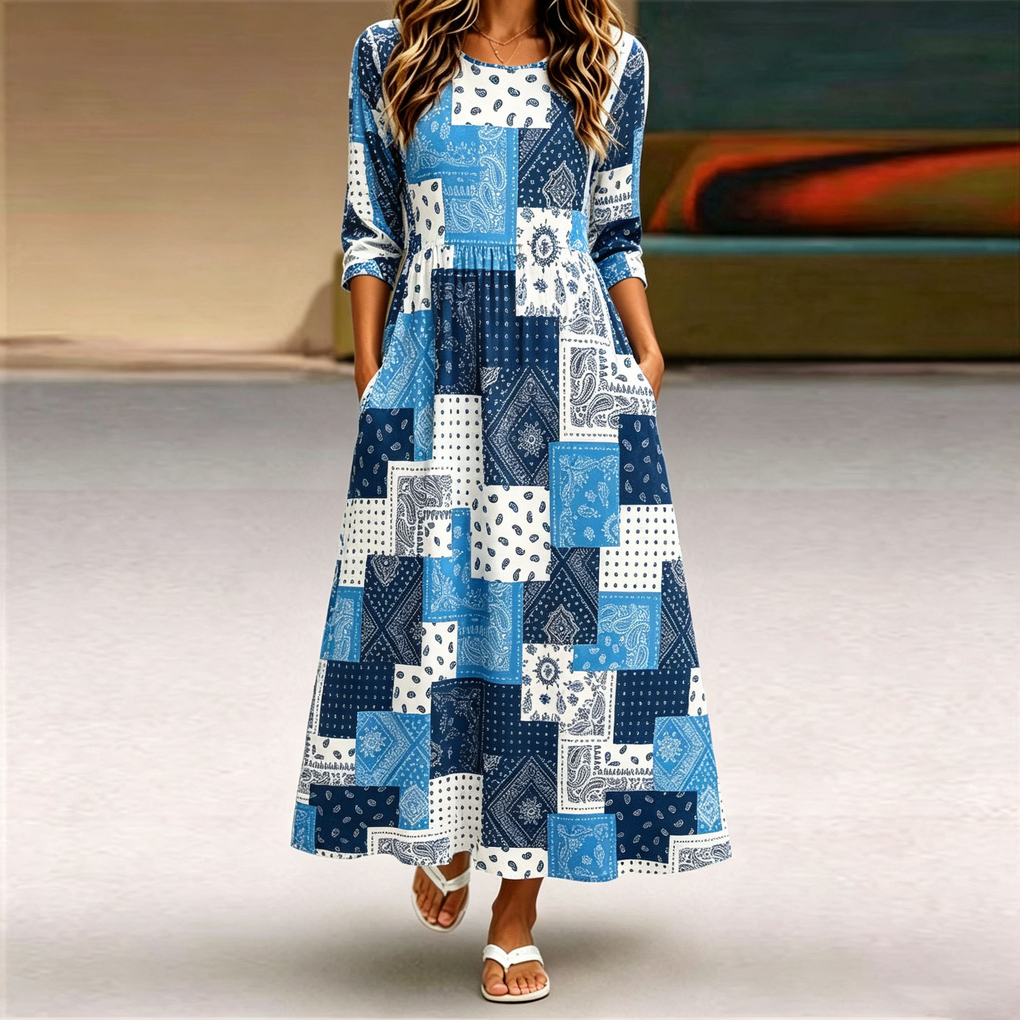 Women's Blue Patchwork Maxi Dress 3/4 Sleeve Casual A Line Swing Dress with Pockets, Boho Vintage Long Dress for Summer Vacation