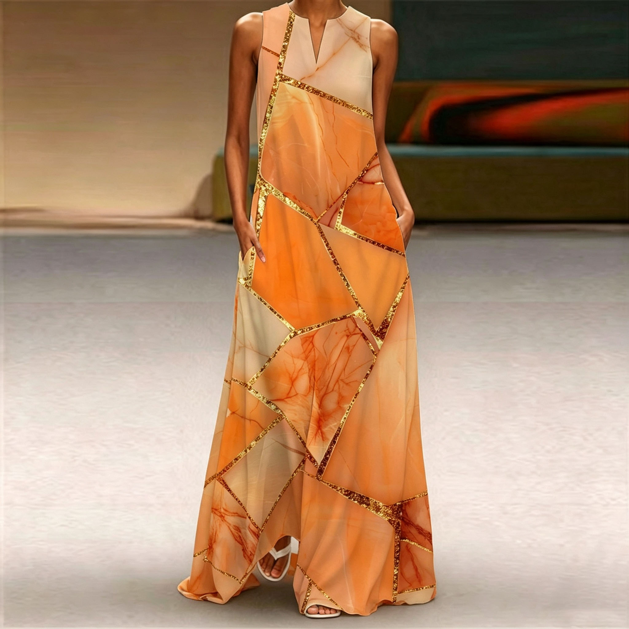 Women's Abstract Marble Print Maxi Dress – Sleeveless A-Line Long Dress with Pockets, Elegant Summer Vacation Dress
