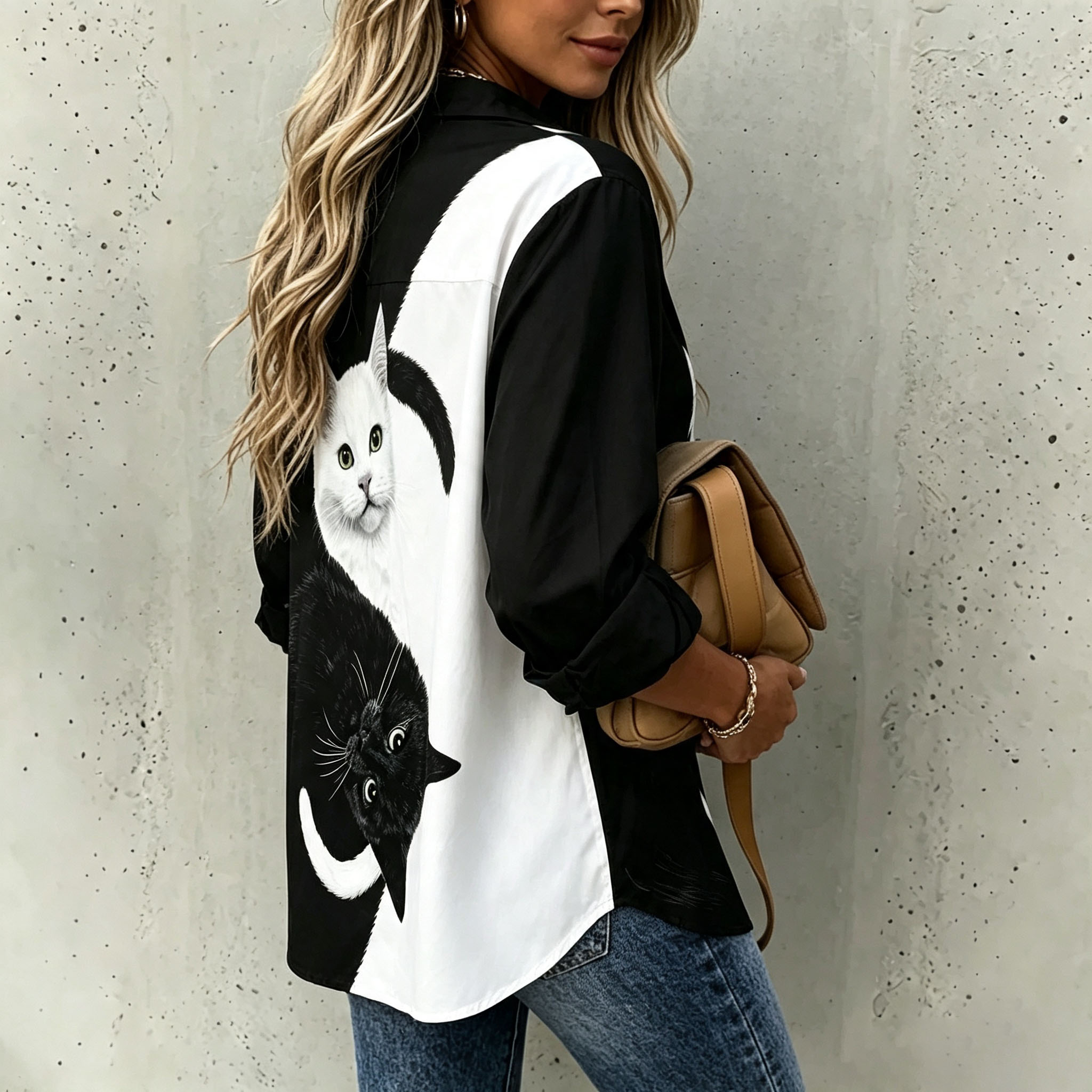 Women's Cute Cat Print Button Down Shirt Black White Graphic Blouse Casual Loose Fit Long Sleeve Tops Funny Animal Lover Shirt Fashion Streetwear Gift for Cat Lovers