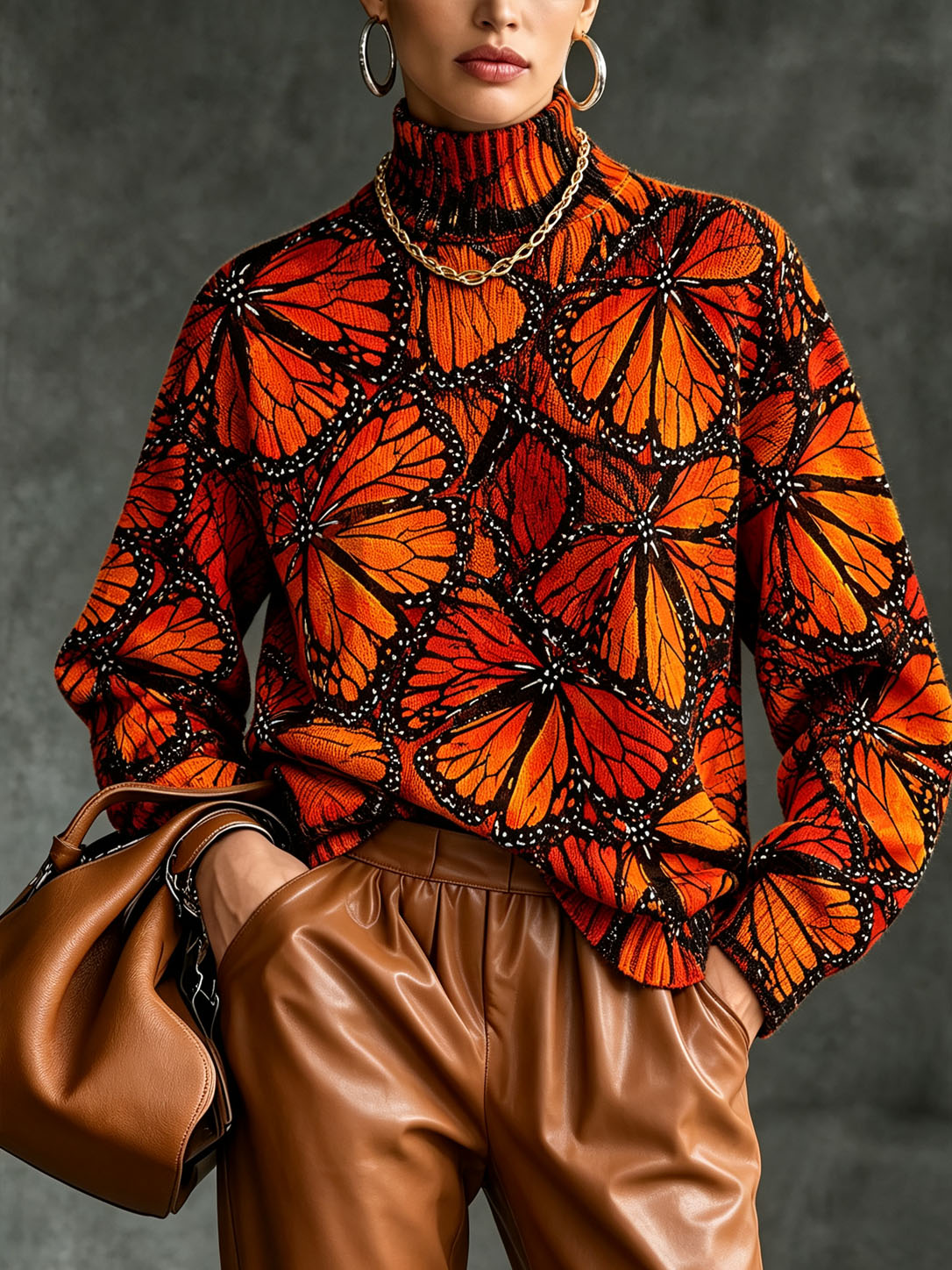 Women’s Printed Turtleneck Sweater – Stylish Butterfly Graphic Knit Pullover for Fall Winter