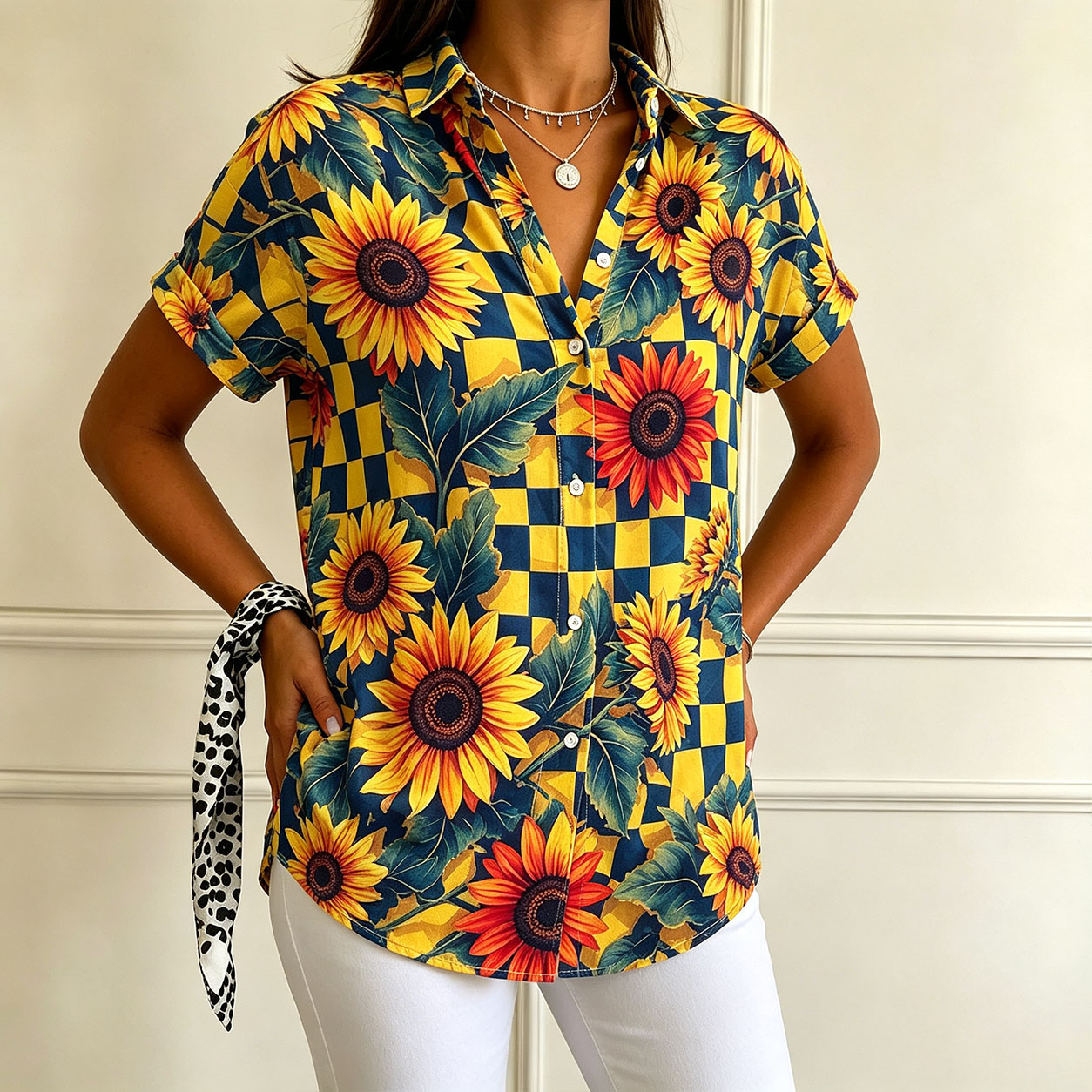 Women’s Short Sleeve Button Down Shirt, Sunflower Floral Print Blouse, Vintage Checkerboard Graphic Top, Lightweight Polyester Summer Shirt for Vacation, Casual Wear & Outdoor Style-gemscharms