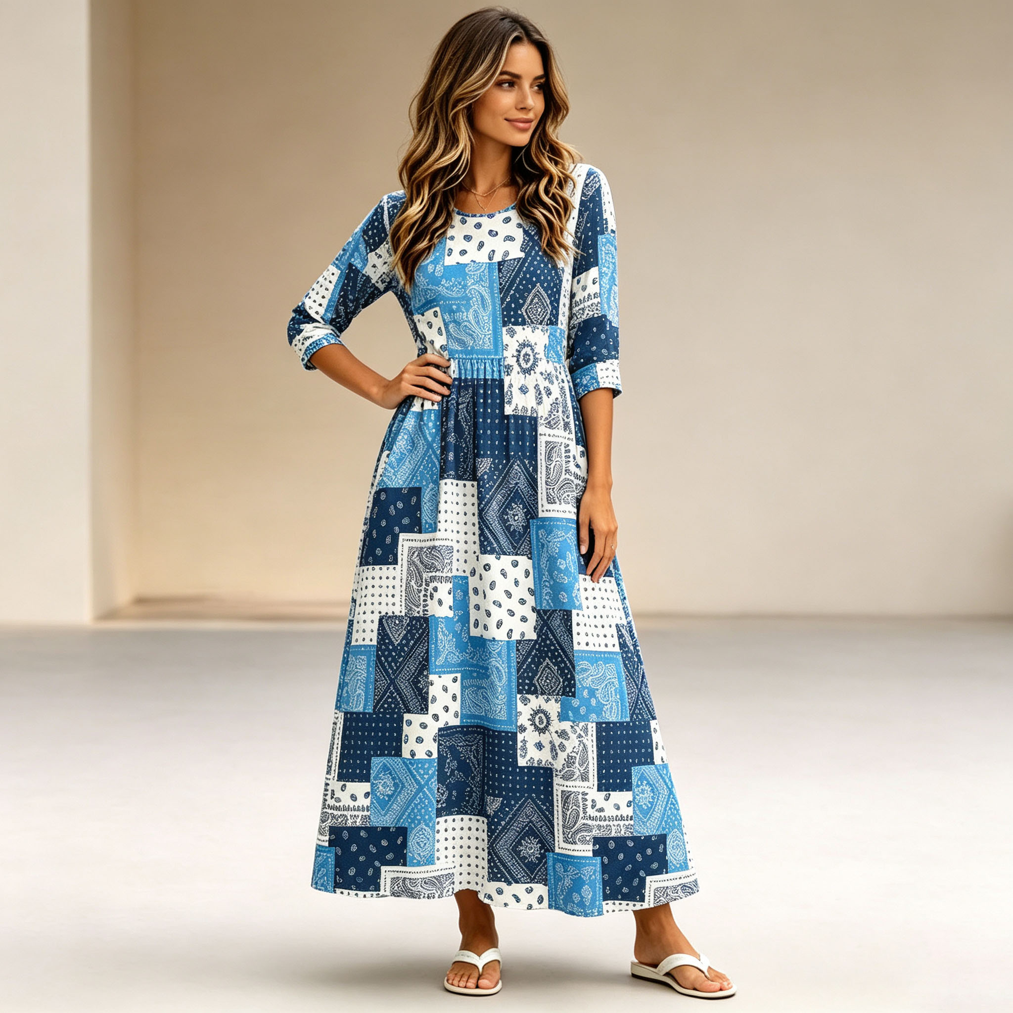 Women's Blue Patchwork Maxi Dress 3/4 Sleeve Casual A Line Swing Dress with Pockets, Boho Vintage Long Dress for Summer Vacation