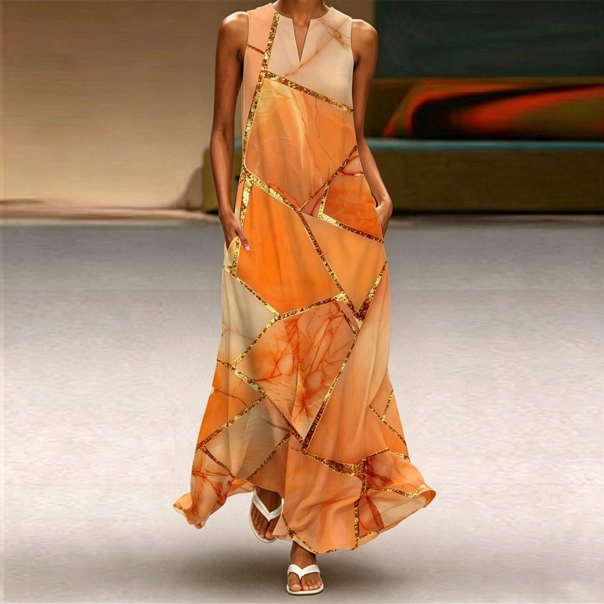 Women's Abstract Marble Print Maxi Dress – Sleeveless A-Line Long Dress with Pockets, Elegant Summer Vacation Dress