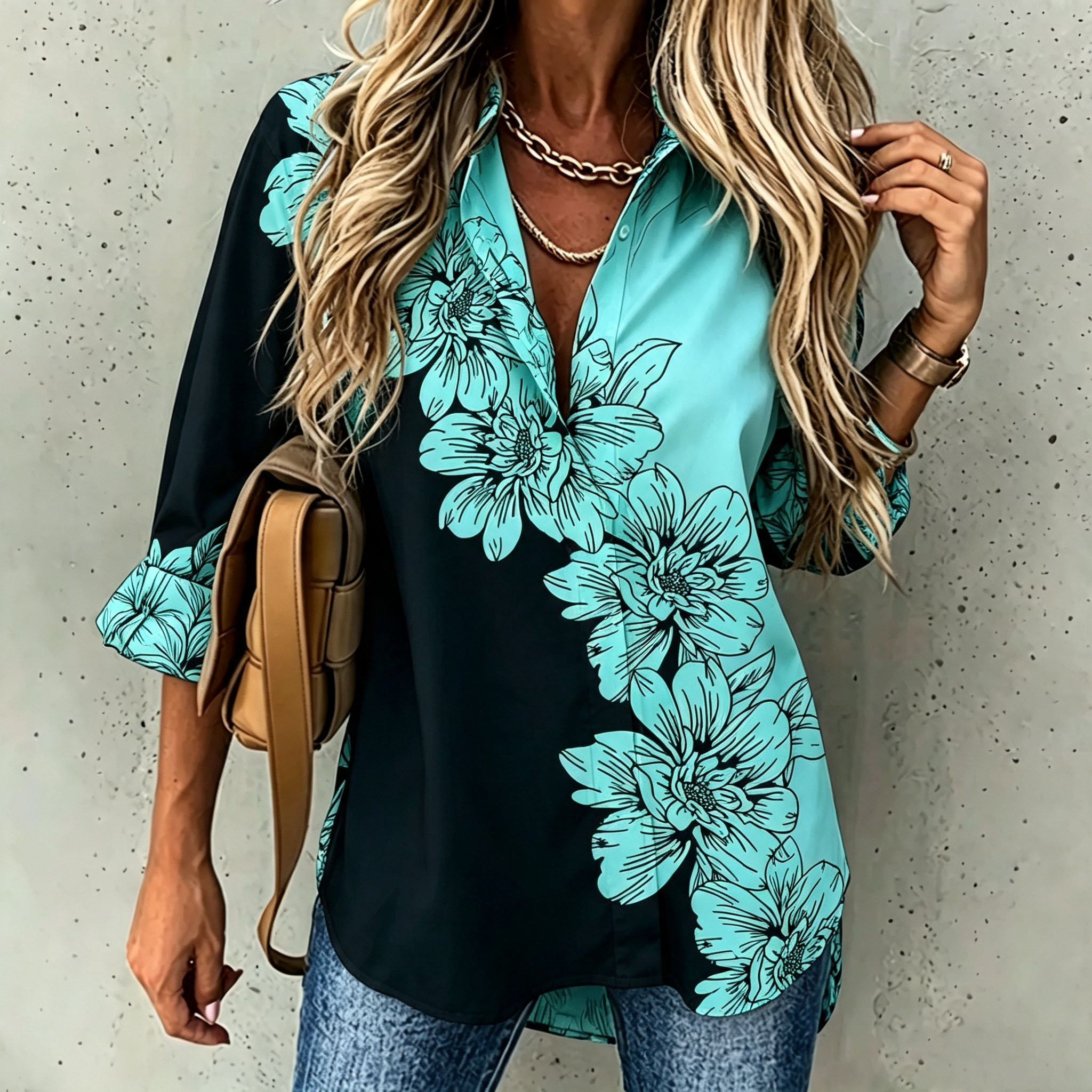 Women's Floral Print Button Down Shirt Turquoise Black Graphic Blouse Casual Loose Fit Long Sleeve Top Elegant Artistic Shirt Fashion Streetwear Clothing-gemscharms